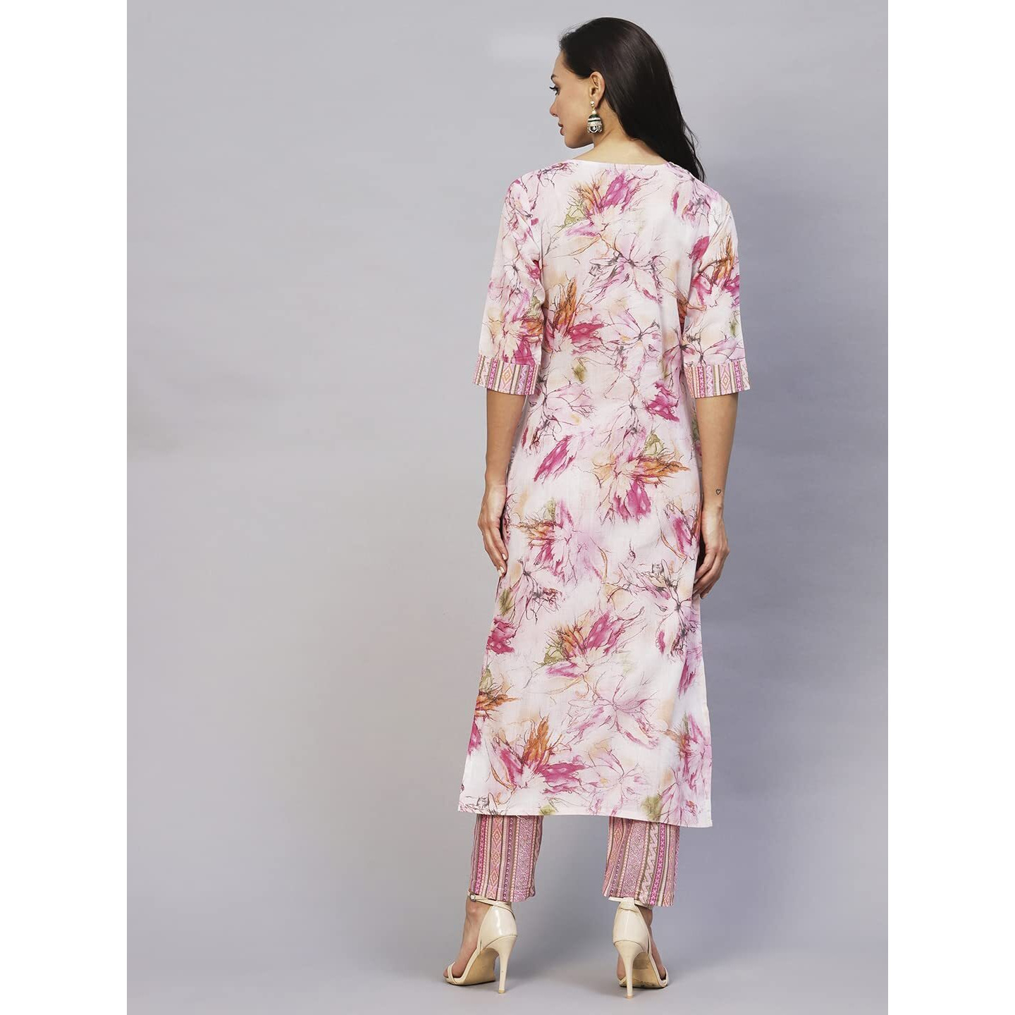 ANNI DESIGNER Women's Cotton Blend Printed Straight Kurta with Pant (PS-Pink_L_Pink_Large)