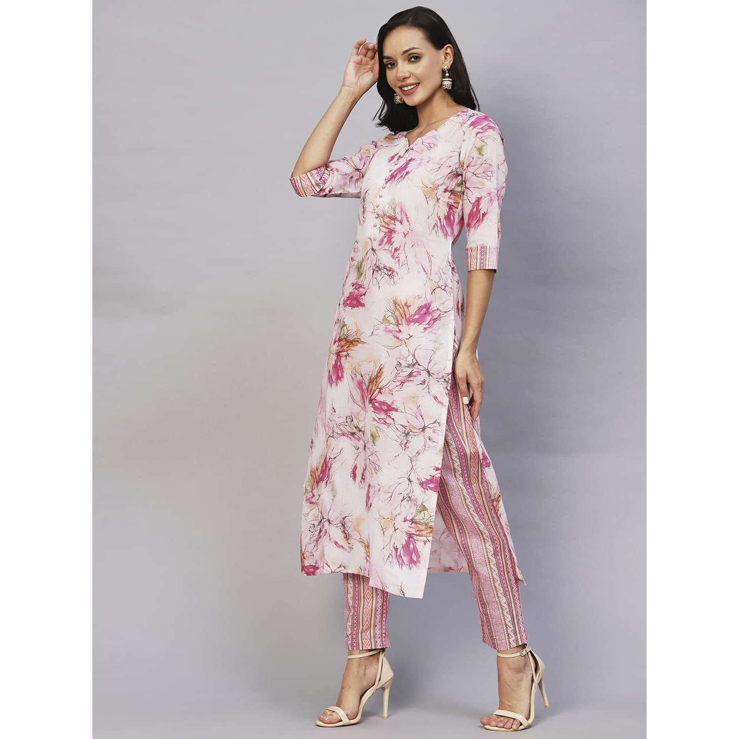 ANNI DESIGNER Women's Cotton Blend Printed Straight Kurta with Pant (PS-Pink_L_Pink_Large)