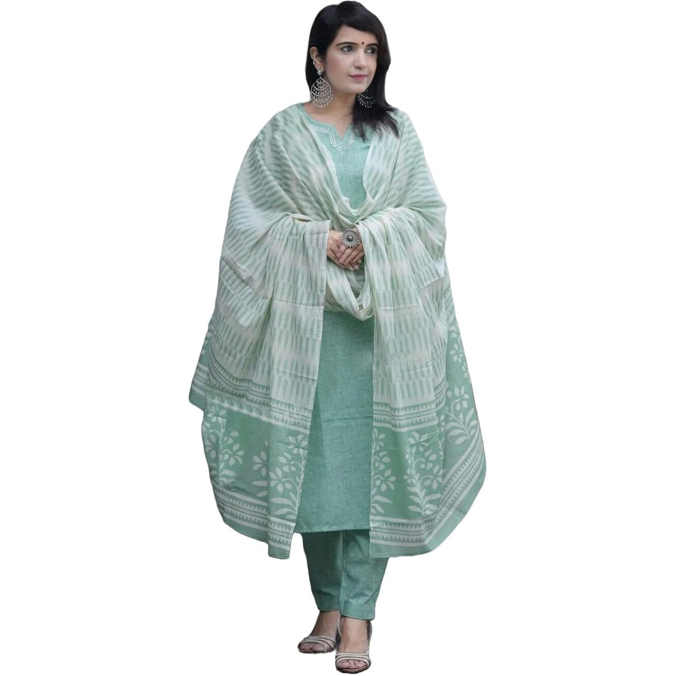 ANNI DESIGNER Women's Cotton Blend Printed Straight Kurta with Pant & Dupatta (PRAGYA See Green_M_See Green_Medium)