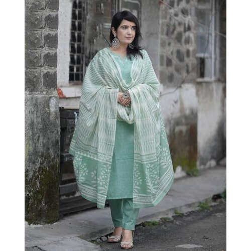 ANNI DESIGNER Women's Cotton Blend Printed Straight Kurta with Pant & Dupatta (PRAGYA See Green_M_See Green_Medium)