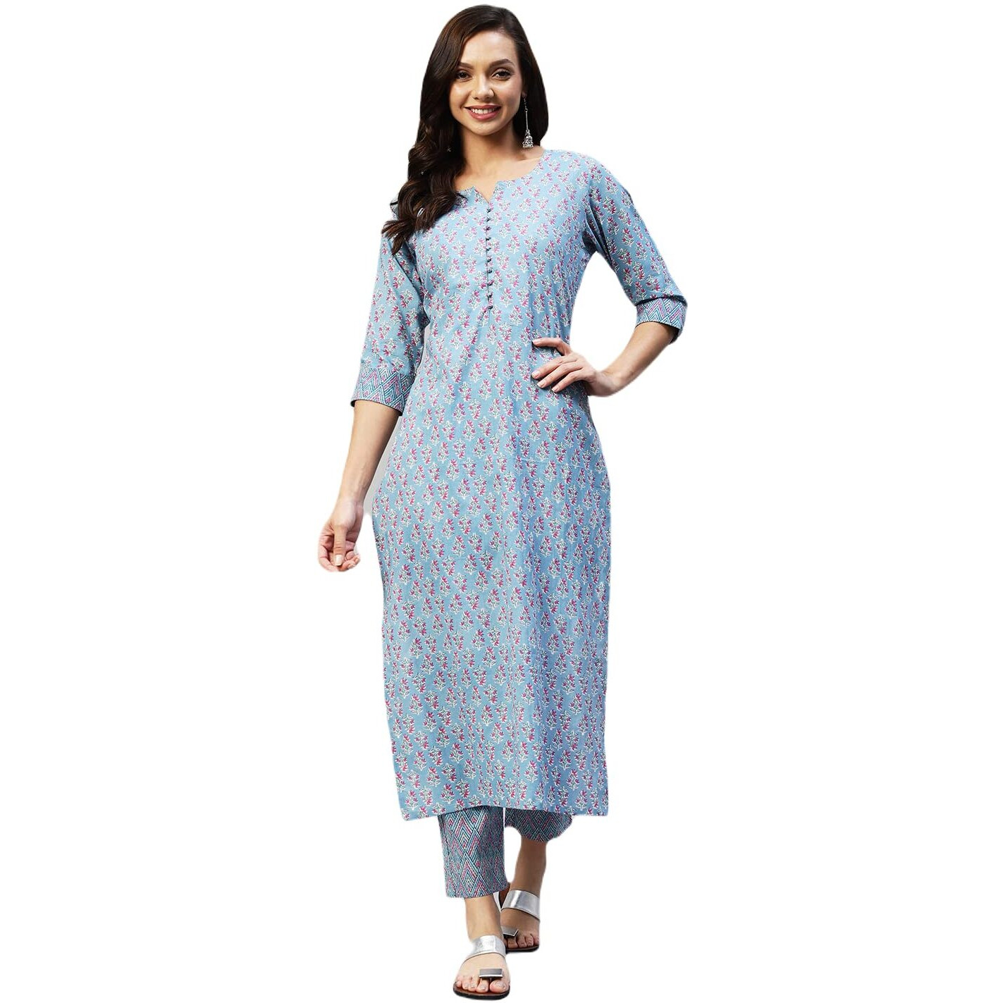 ANNI DESIGNER Women's Cotton Blend Straight Printed Kurta with Pant (Padwil Blue_S_ Blue_Small)