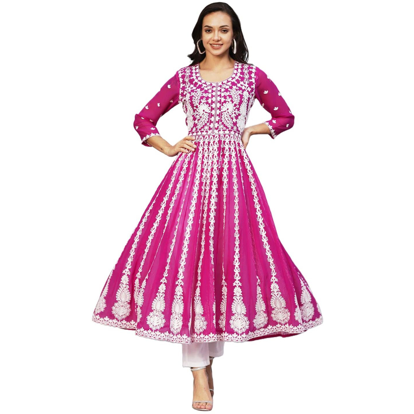 ANNI DESIGNER Women's Georgette Chikankari Embroidered Anarkali Kurti (Kari Pink_XL_Dark Pink_X-Large)