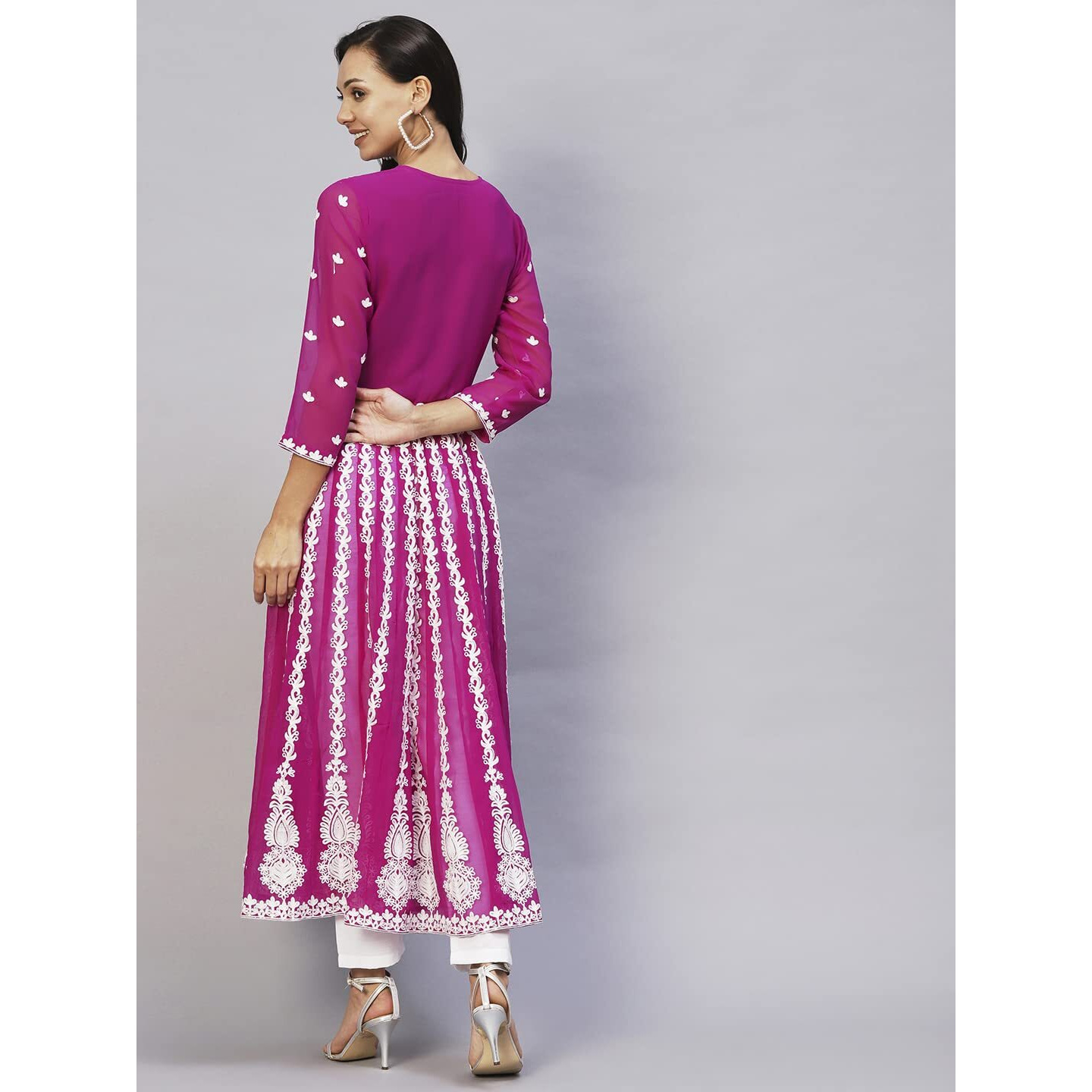 ANNI DESIGNER Women's Georgette Chikankari Embroidered Anarkali Kurti (Kari Pink_XL_Dark Pink_X-Large)