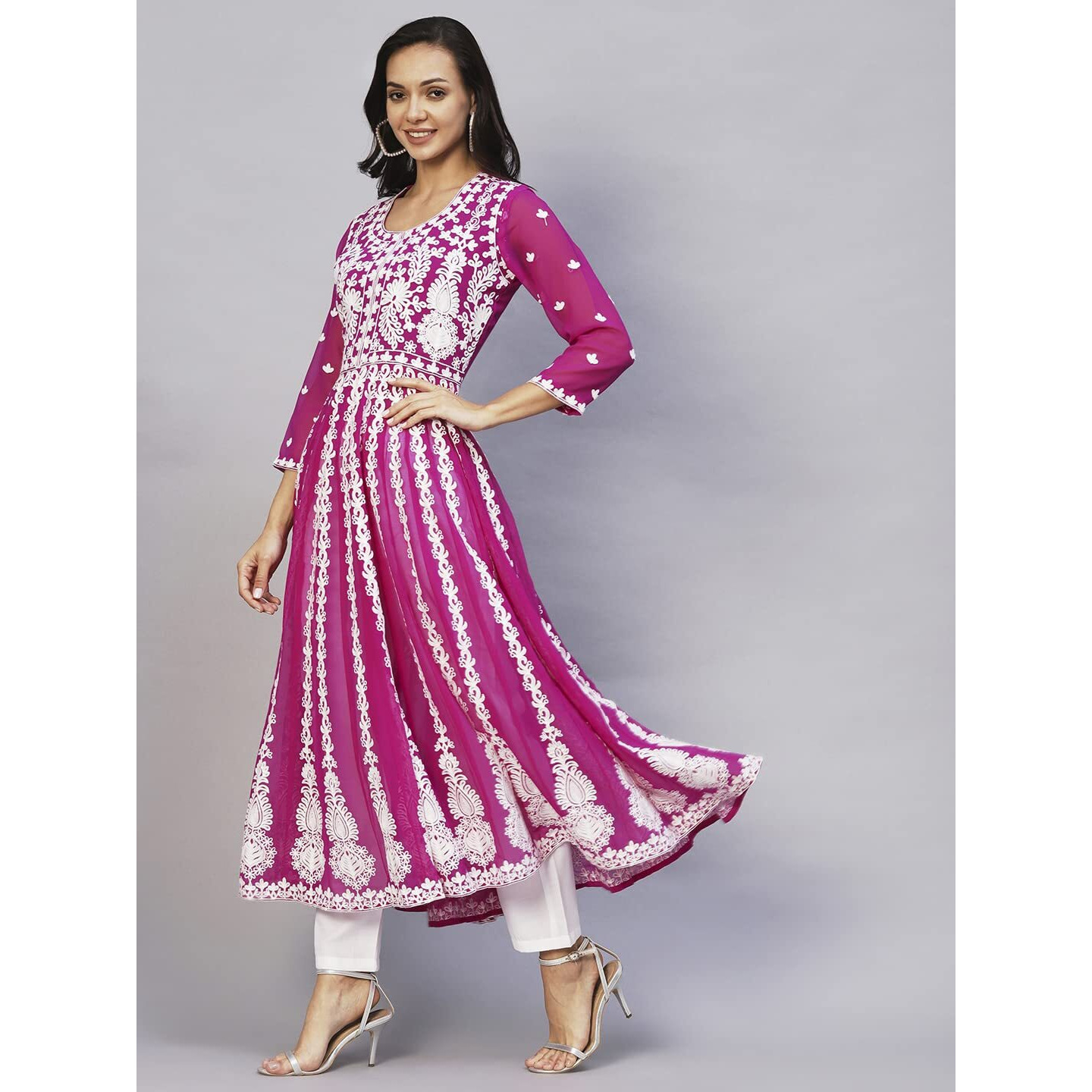 ANNI DESIGNER Women's Georgette Chikankari Embroidered Anarkali Kurti (Kari Pink_XL_Dark Pink_X-Large)