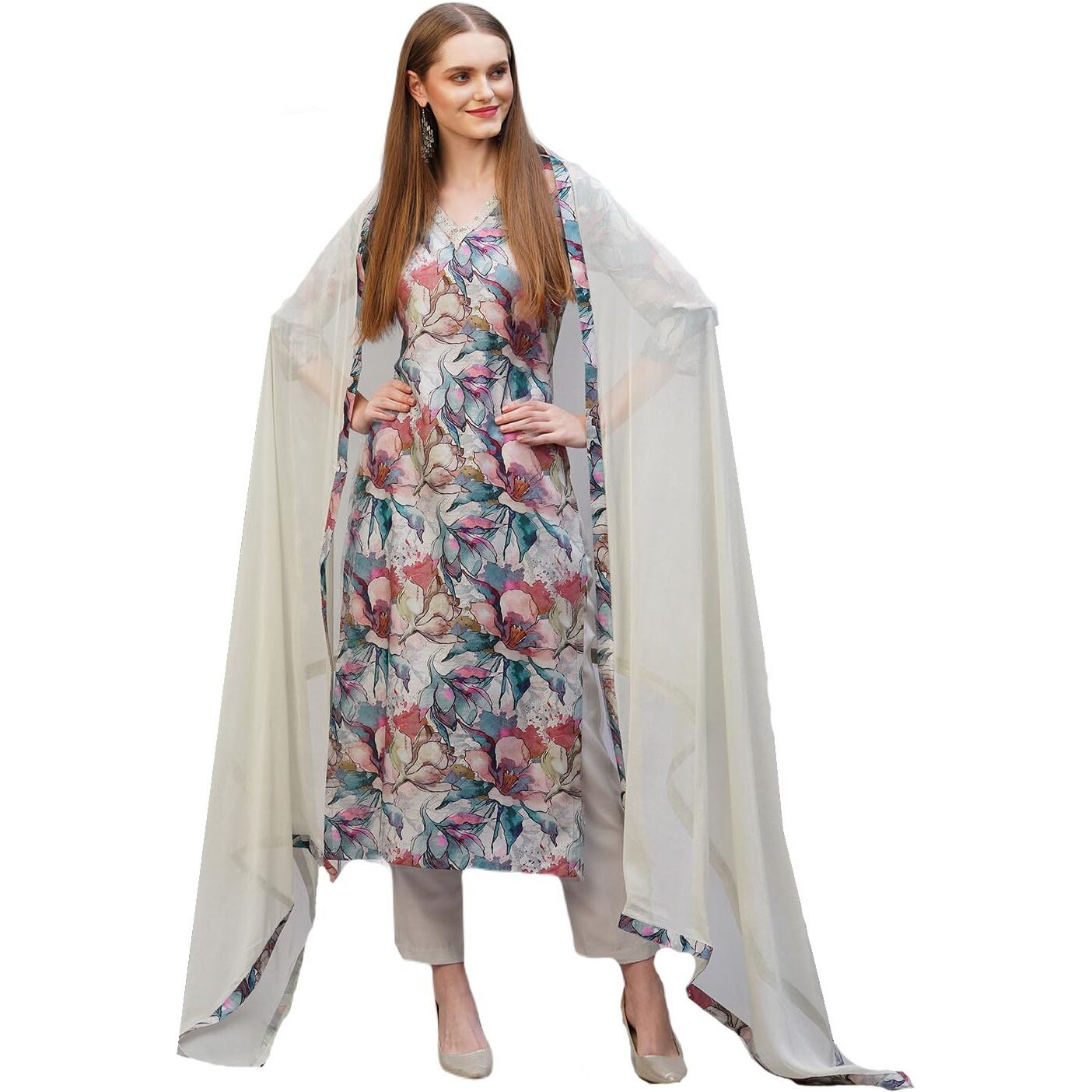 ANNI DESIGNER Women's Rayon Blend Printed Straight Kurta with Pant & Dupatta (Habibi Grey-NB_XXL_Grey_XX-Large)