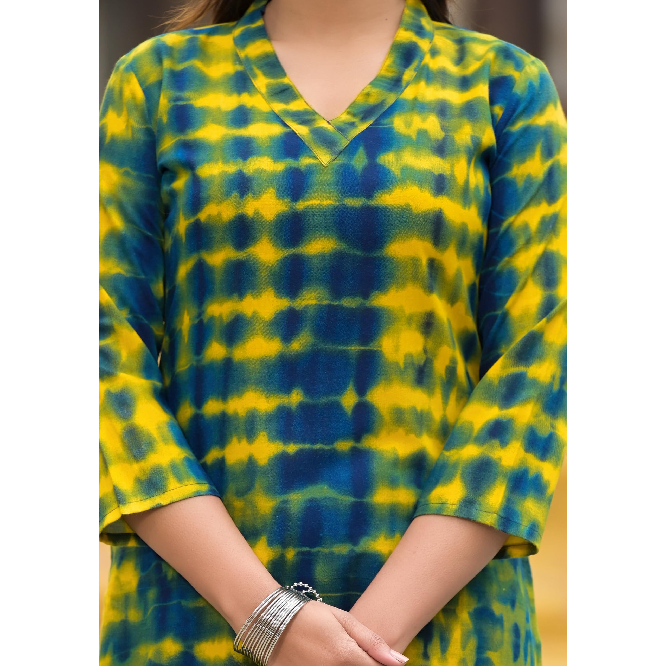 KLOSIA Women Shibori Printed Kurta and Pant Set with Dupatta (X-Large) Yellow
