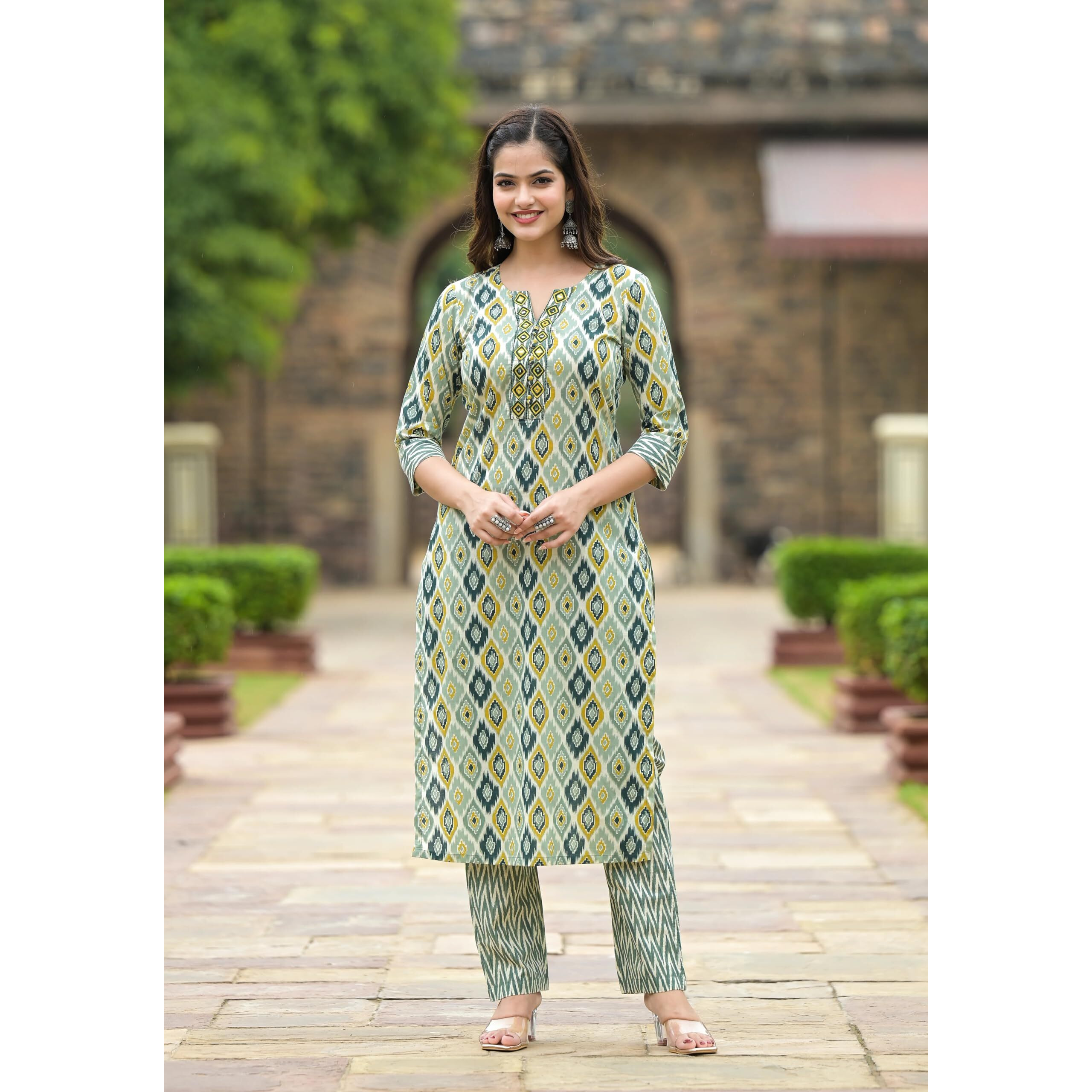 KLOSIA Women Embroidery Straight Kurta and Pant Set with Dupatta | Suit Set | Ethnic Set | (Small) Pista Green