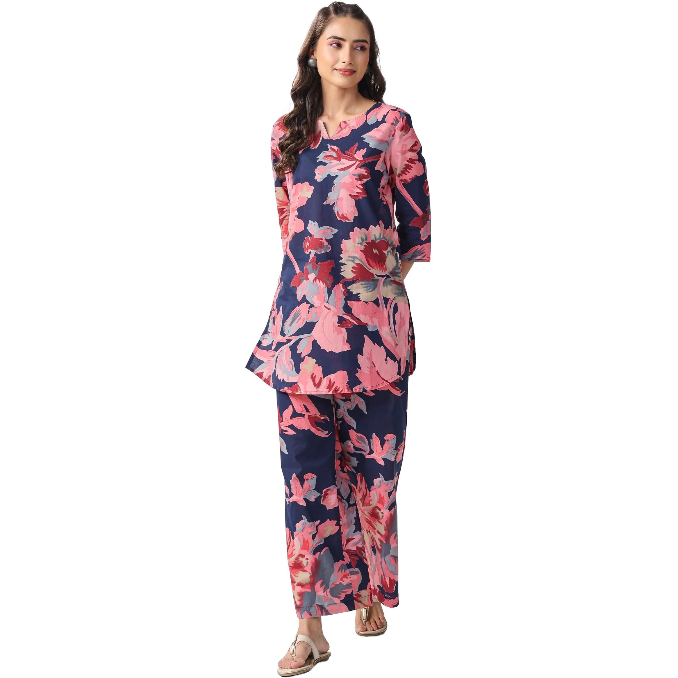 KLOSIA Women Kurta Set for Women | Co-ords Set | Kurta Pant Set | Coordinate Set | Casual Kurta Set | Summer Suit | Printed Short Kurti with Pant Set | (Large) Pink