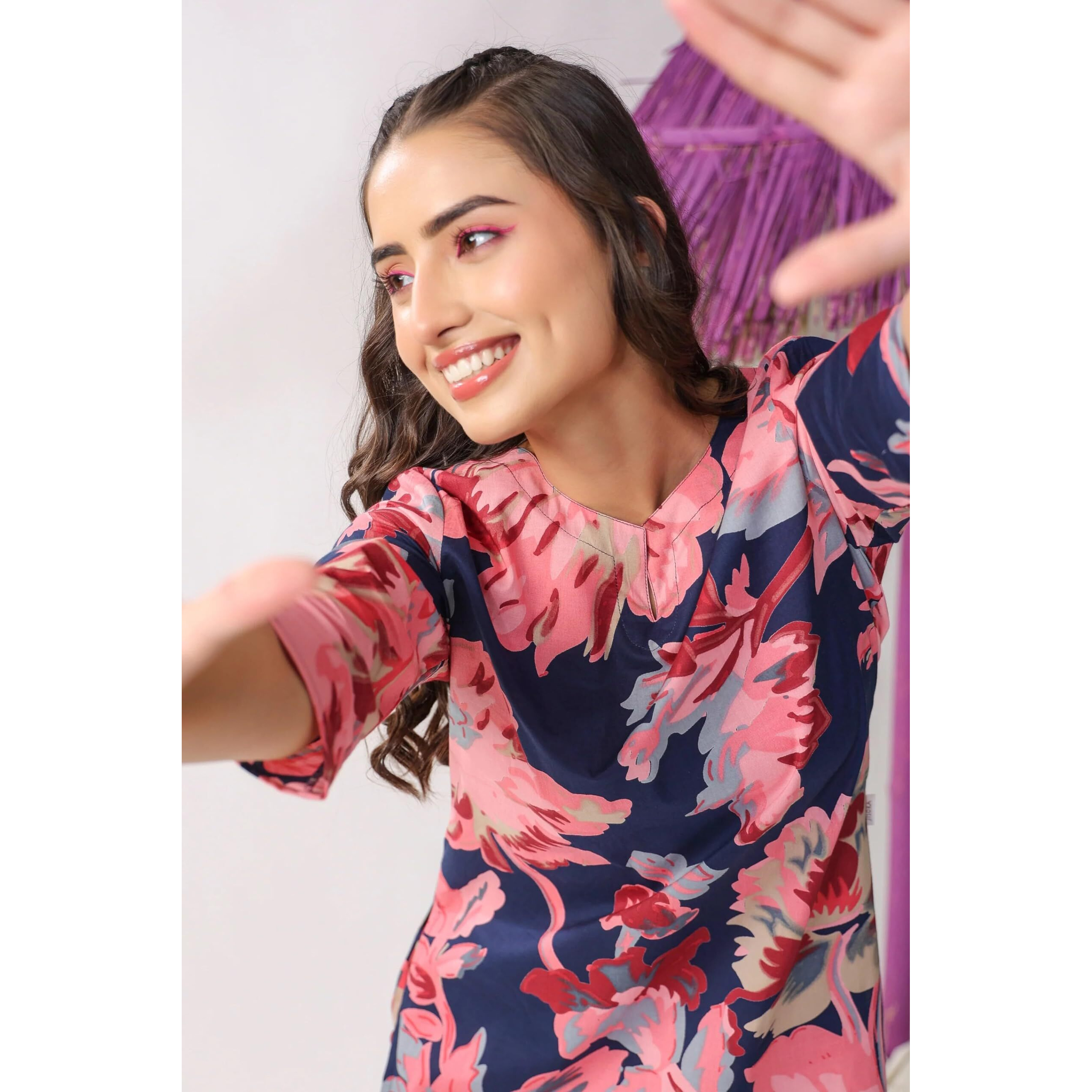 KLOSIA Women Kurta Set for Women | Co-ords Set | Kurta Pant Set | Coordinate Set | Casual Kurta Set | Summer Suit | Printed Short Kurti with Pant Set | (Large) Pink