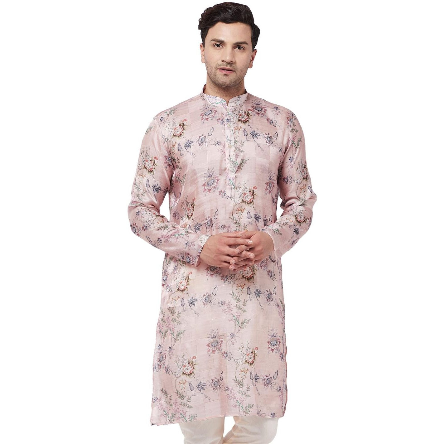 VASTRAMAY Men's Multicolor-Base-Peach Cotton Blend Kurta | Cotton Mustin Printed | Kurta for Festivals - Stylish, Comfortable - Perfect for Celebrations and Cultural Events, Navratri & Diwali