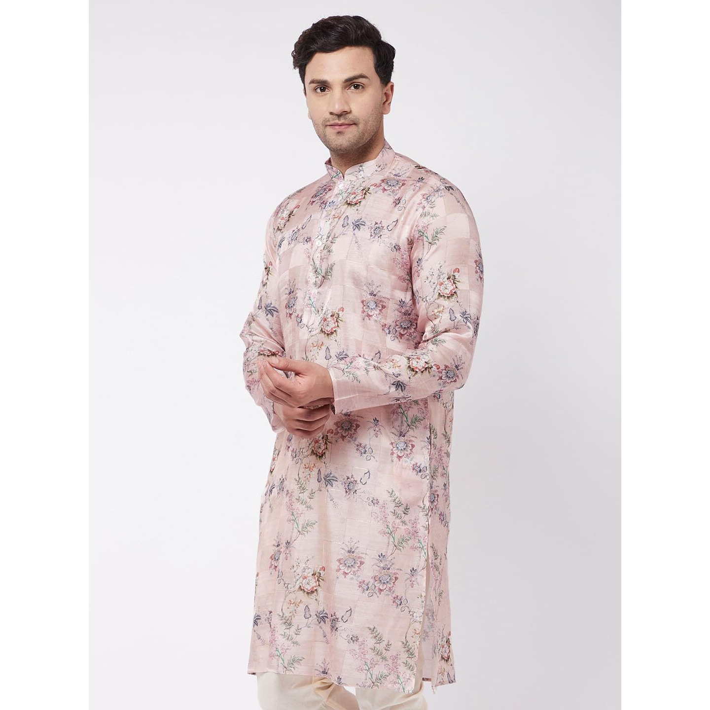 VASTRAMAY Men's Multicolor-Base-Peach Cotton Blend Kurta | Cotton Mustin Printed | Kurta for Festivals - Stylish, Comfortable - Perfect for Celebrations and Cultural Events, Navratri & Diwali