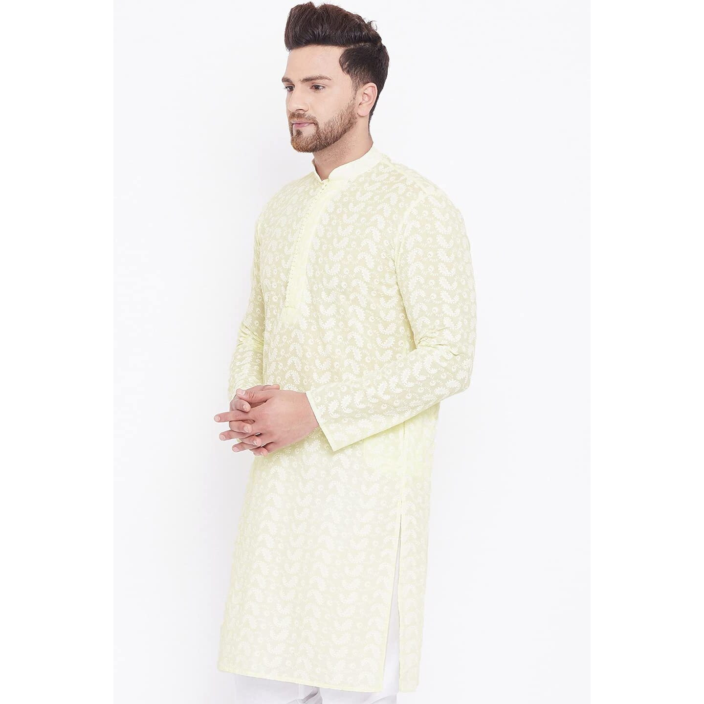 VASTRAMAY Mens Cotton Yellow and White Kurta - Elegance for Festivals & Events_VASMK094YW_38