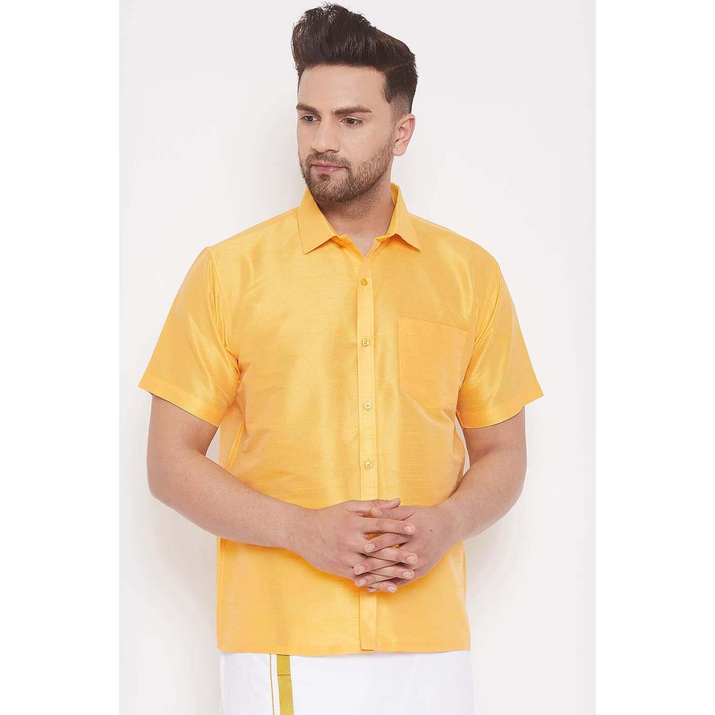 VASTRAMAY VM Mens Silk Blend Yellow Shirt - Effortless Style for Everyday Comfort | Ethnic South Indian Silk Shirt Half Sleeves | Modern Designs and Contemporary Fit_VASMSH001YW_42