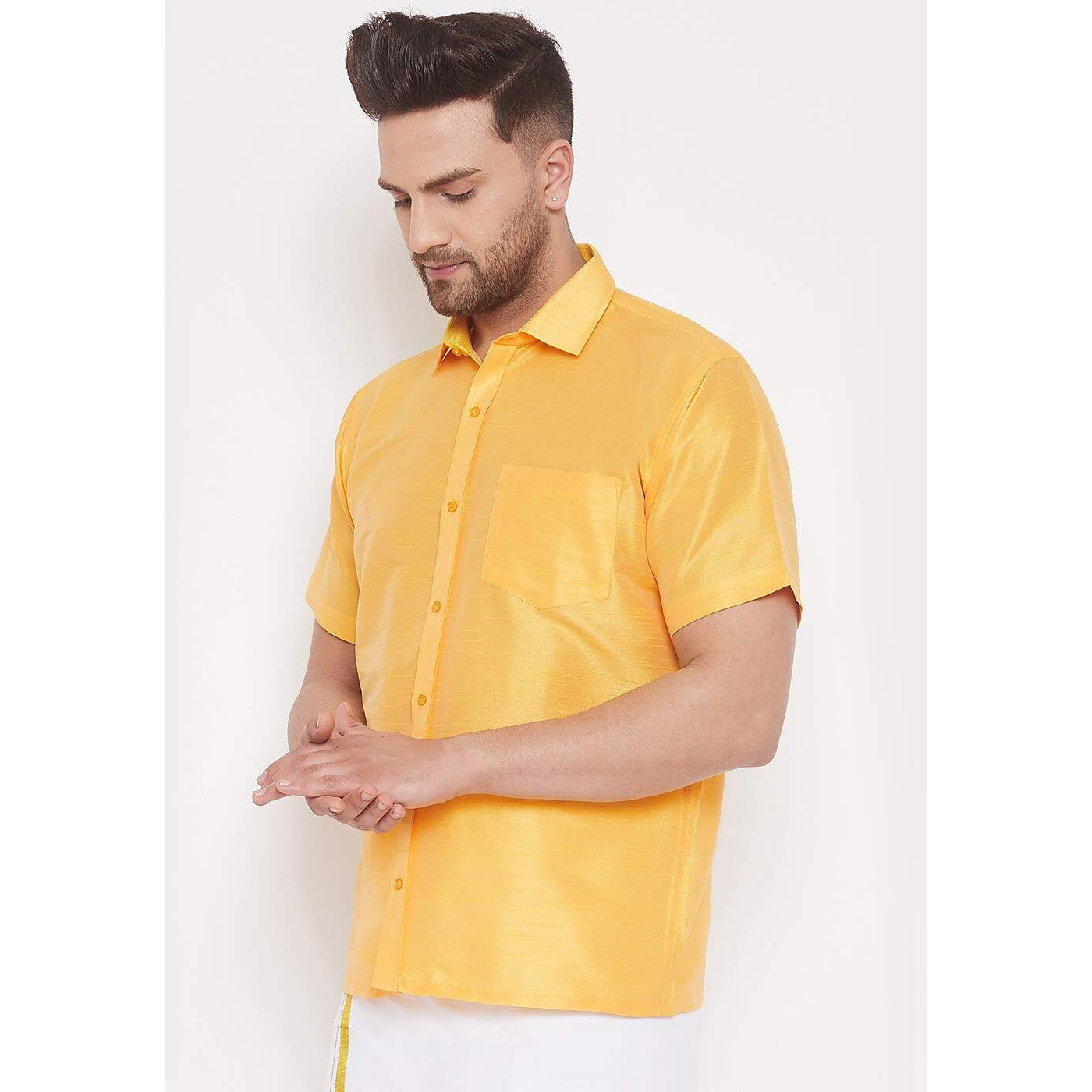 VASTRAMAY VM Mens Silk Blend Yellow Shirt - Effortless Style for Everyday Comfort | Ethnic South Indian Silk Shirt Half Sleeves | Modern Designs and Contemporary Fit_VASMSH001YW_42