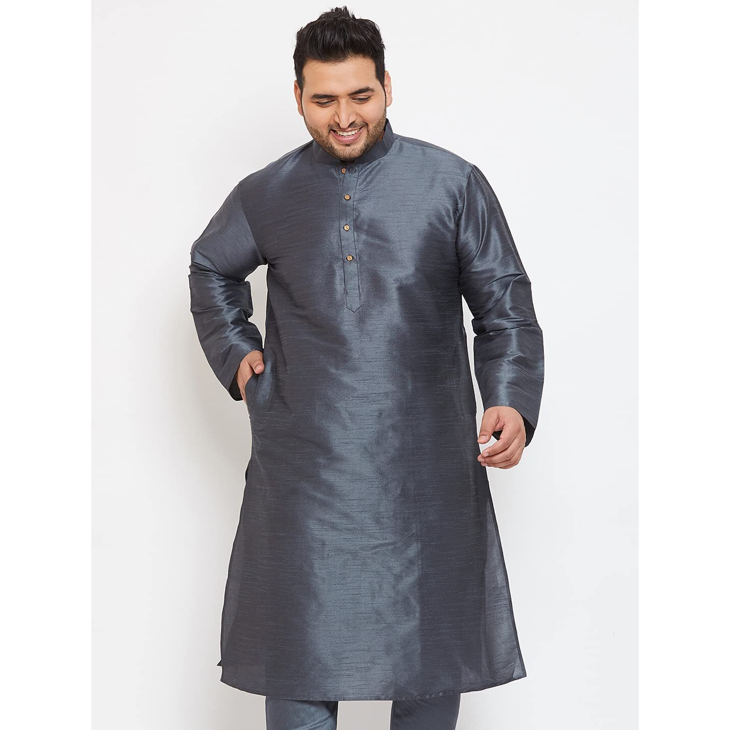 VASTRAMAY Plus Men's Steel Grey Silk Blend Kurta (VPLUSMK001ST_50)