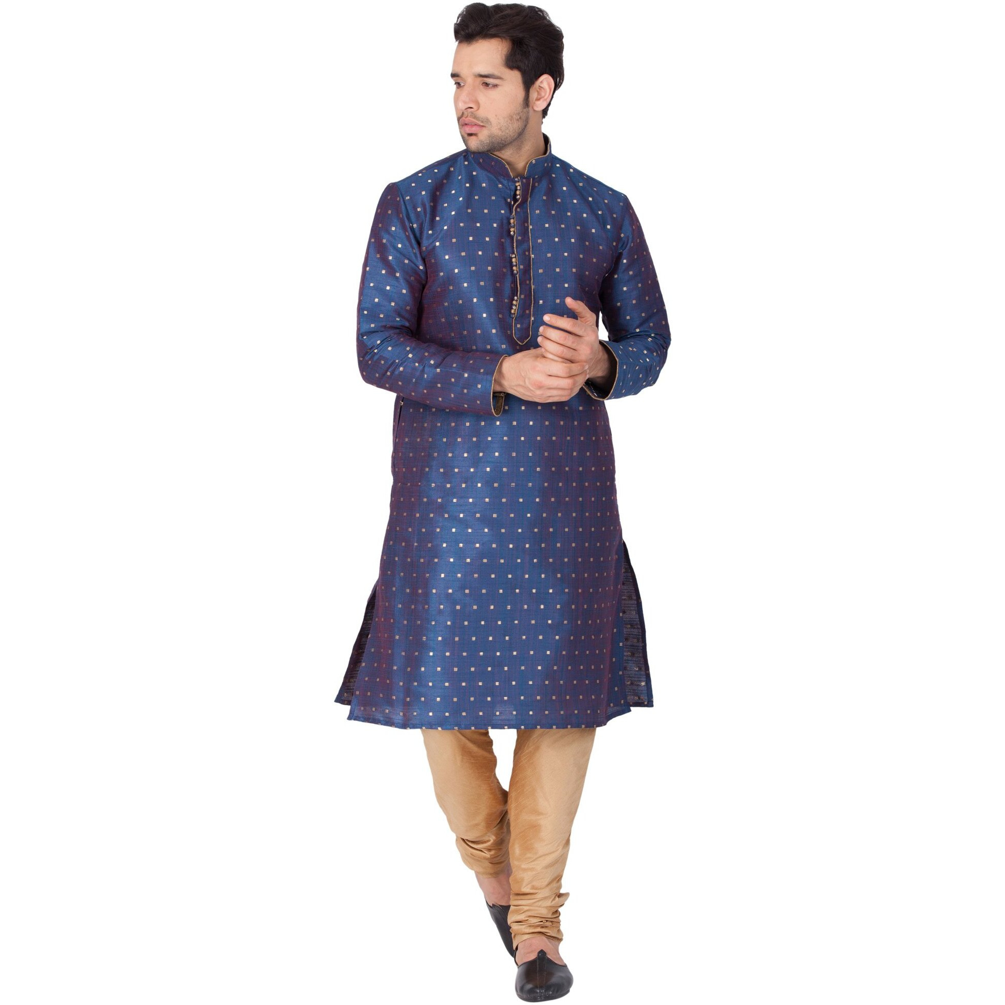 VASTRAMAY VM Mens Silk Blend Egyptian Blue Kurta Pyjama Set - Classic Ethnic Attire for Timeless Style and Cultural Celebrations_VASMK023BUnPRG_38