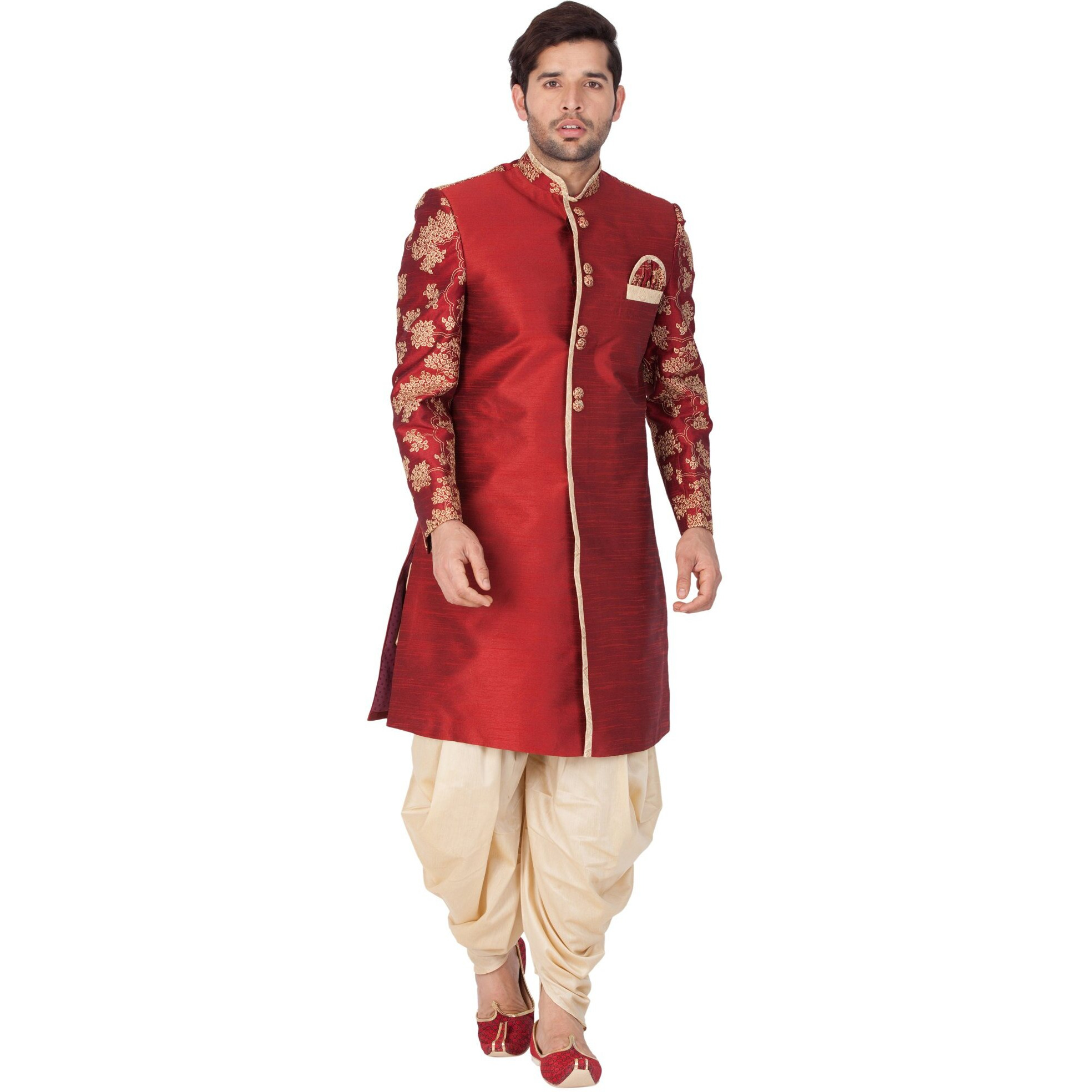 VASTRAMAY Men Silk Blend Sherwani Set (Maroon_VASMSW010nCDGO_44)