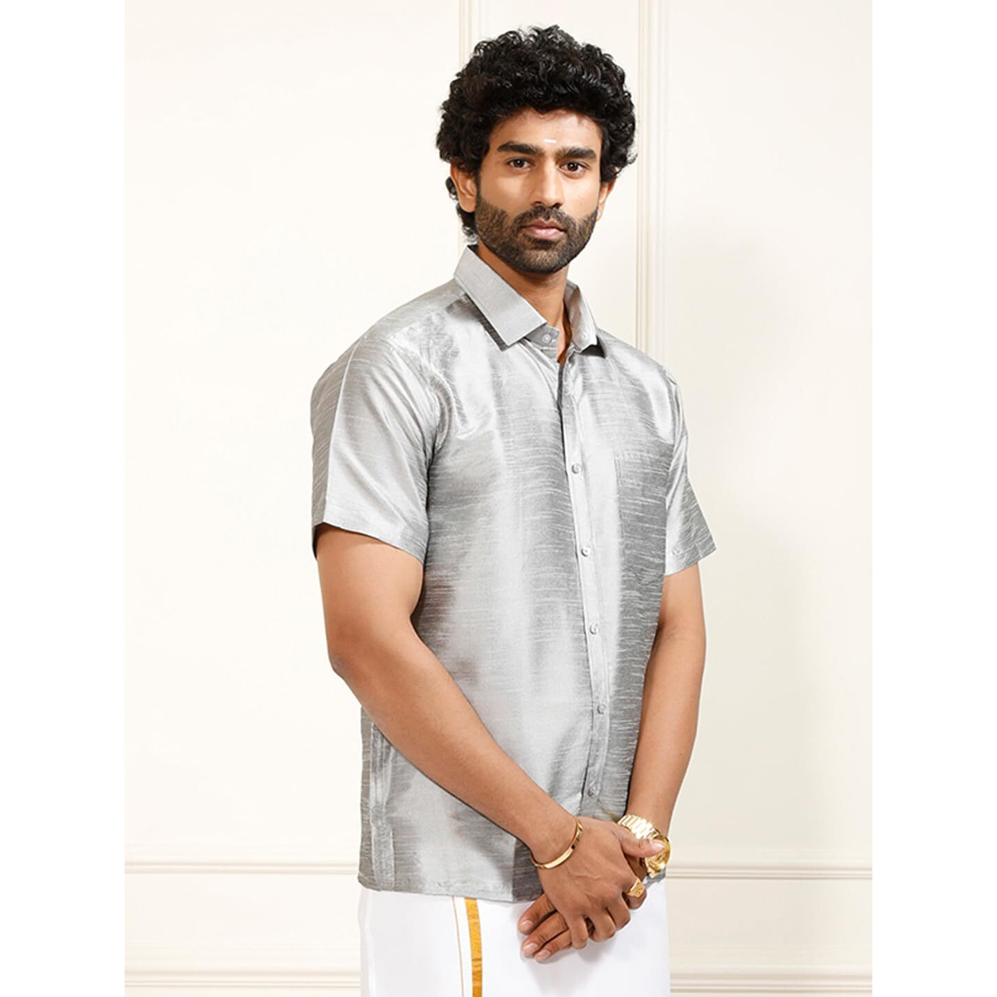 VASTRAMAY Mens Cotton Silk Ethnic Shirt (Grey_VASMSHGY001_46)