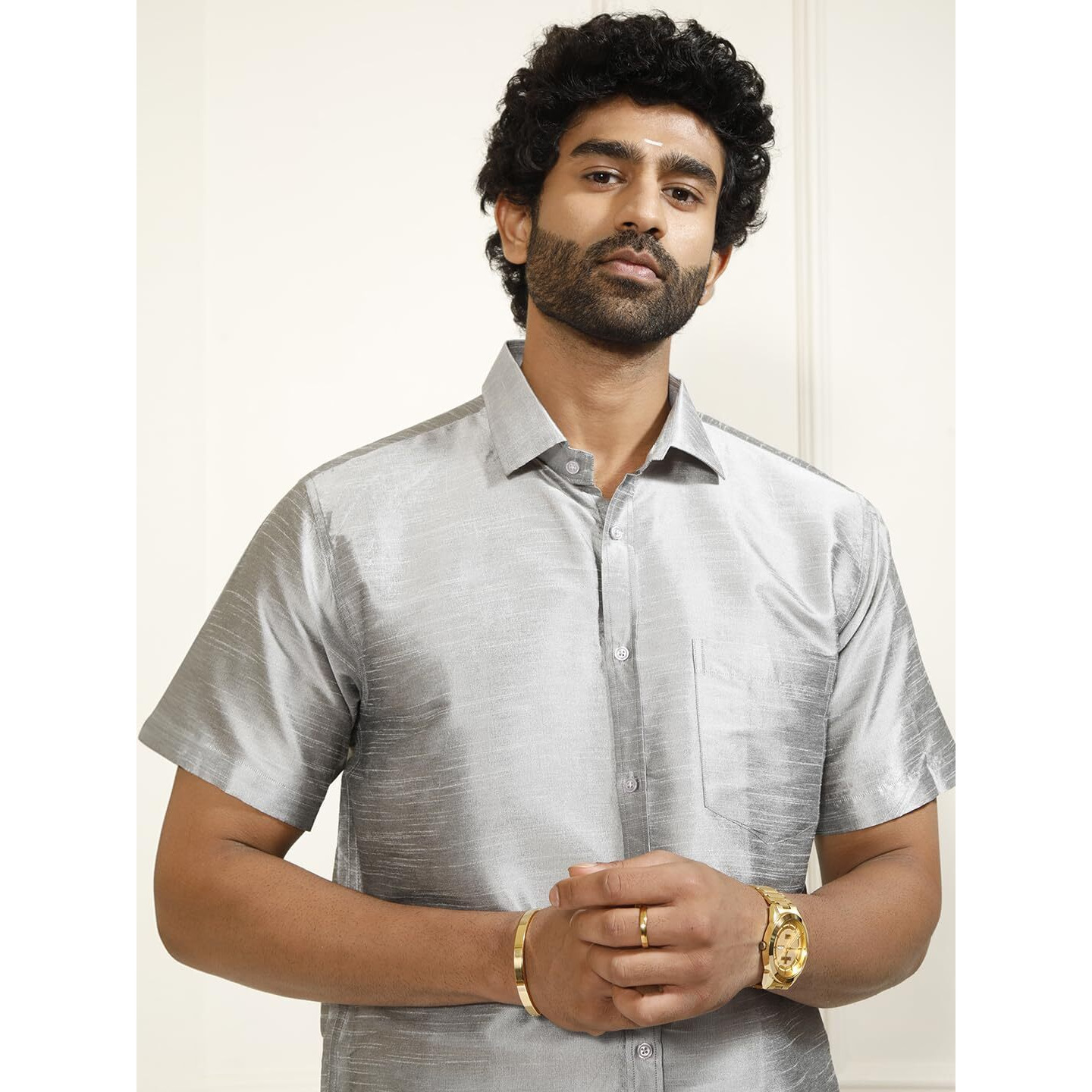 VASTRAMAY Mens Cotton Silk Ethnic Shirt (Grey_VASMSHGY001_46)