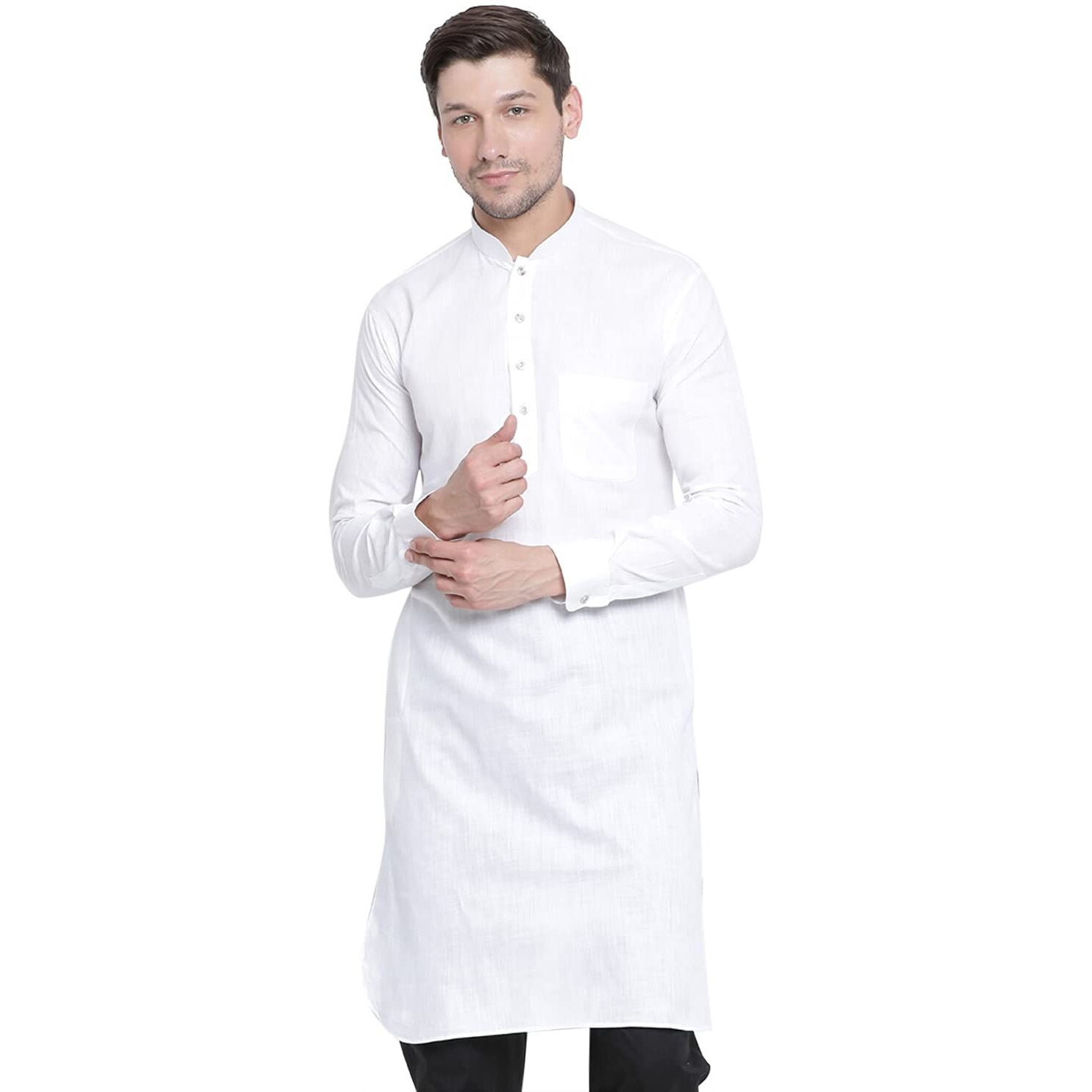VASTRAMAY Men's White Cotton Linen Blend Kurta Cotton Linen Fabric. It has a Pockets and Cuff Sleeves. || Elegance for Holi & Eid Celebration_VASMPT001WH_42