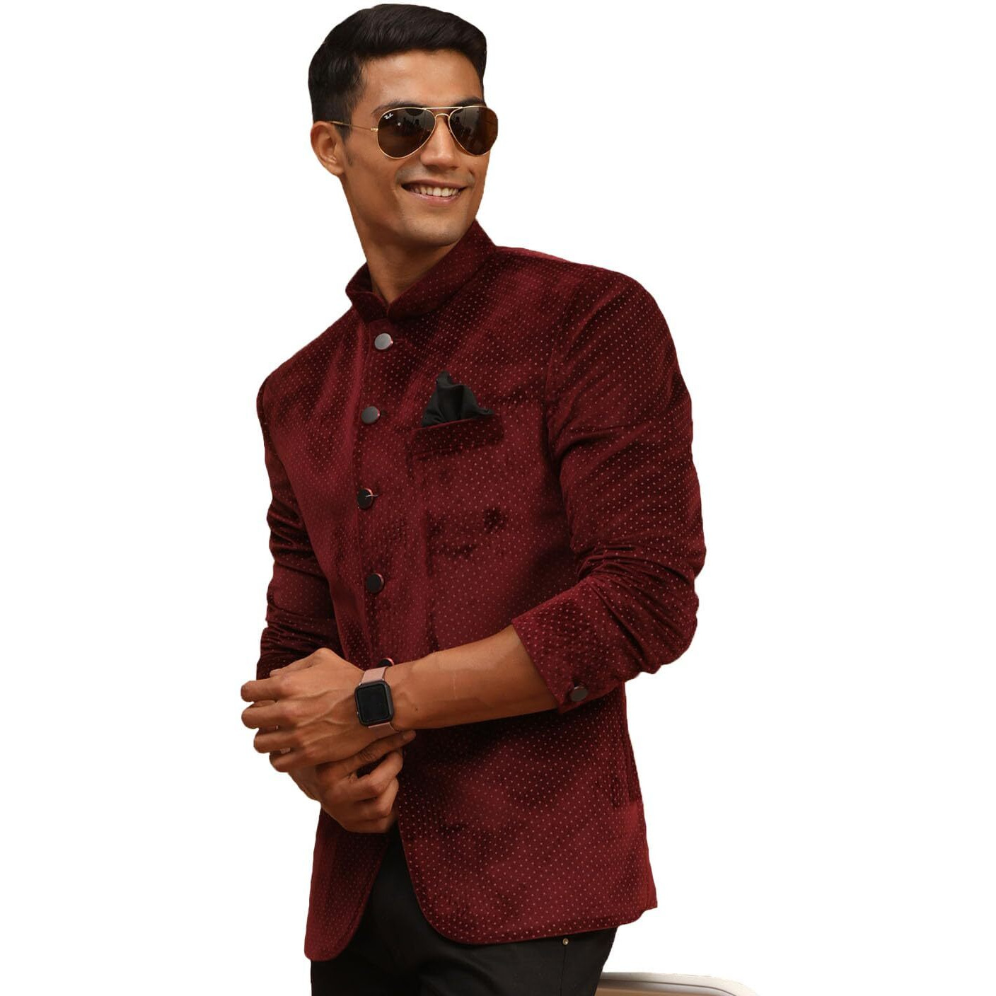 VASTRAMAY Men's Maroon Velvet Jodhpuri | Velvet Polka Dot Jodhpuri Coat. The Threads of The Fabric Is Woven Tightly And Has A Long Lasting Sheen, This Jodhpuri Is Deservingly Called Prince Coat.