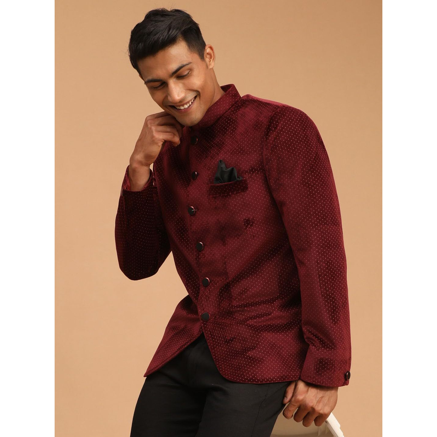 VASTRAMAY Men's Maroon Velvet Jodhpuri | Velvet Polka Dot Jodhpuri Coat. The Threads of The Fabric Is Woven Tightly And Has A Long Lasting Sheen, This Jodhpuri Is Deservingly Called Prince Coat.
