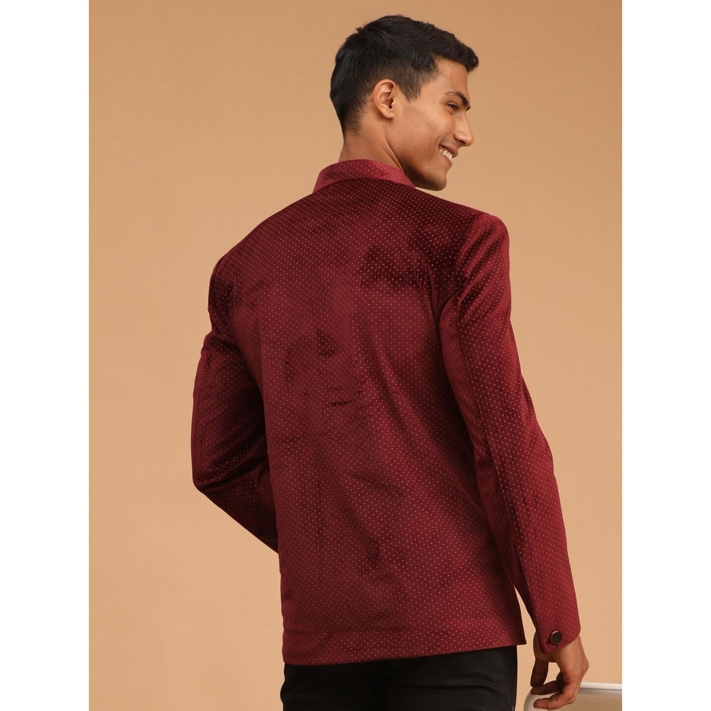 VASTRAMAY Men's Maroon Velvet Jodhpuri | Velvet Polka Dot Jodhpuri Coat. The Threads of The Fabric Is Woven Tightly And Has A Long Lasting Sheen, This Jodhpuri Is Deservingly Called Prince Coat.
