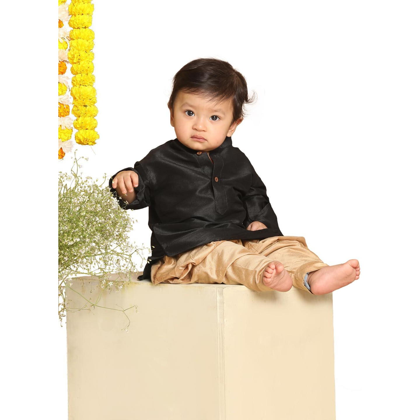 VASTRAMAY Infant Boys Black and Rose Gold Silk Blend Kurta and Dhoti Set_VSHISBUK001BLnCDRG_16