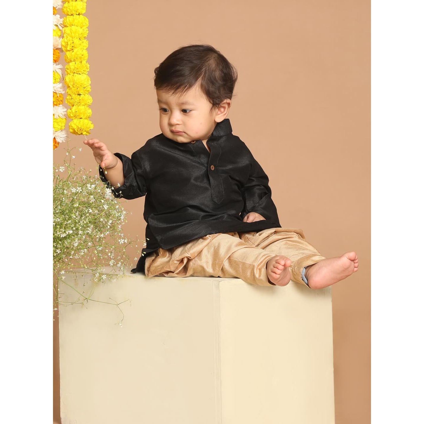 VASTRAMAY Infant Boys Black and Rose Gold Silk Blend Kurta and Dhoti Set_VSHISBUK001BLnCDRG_16