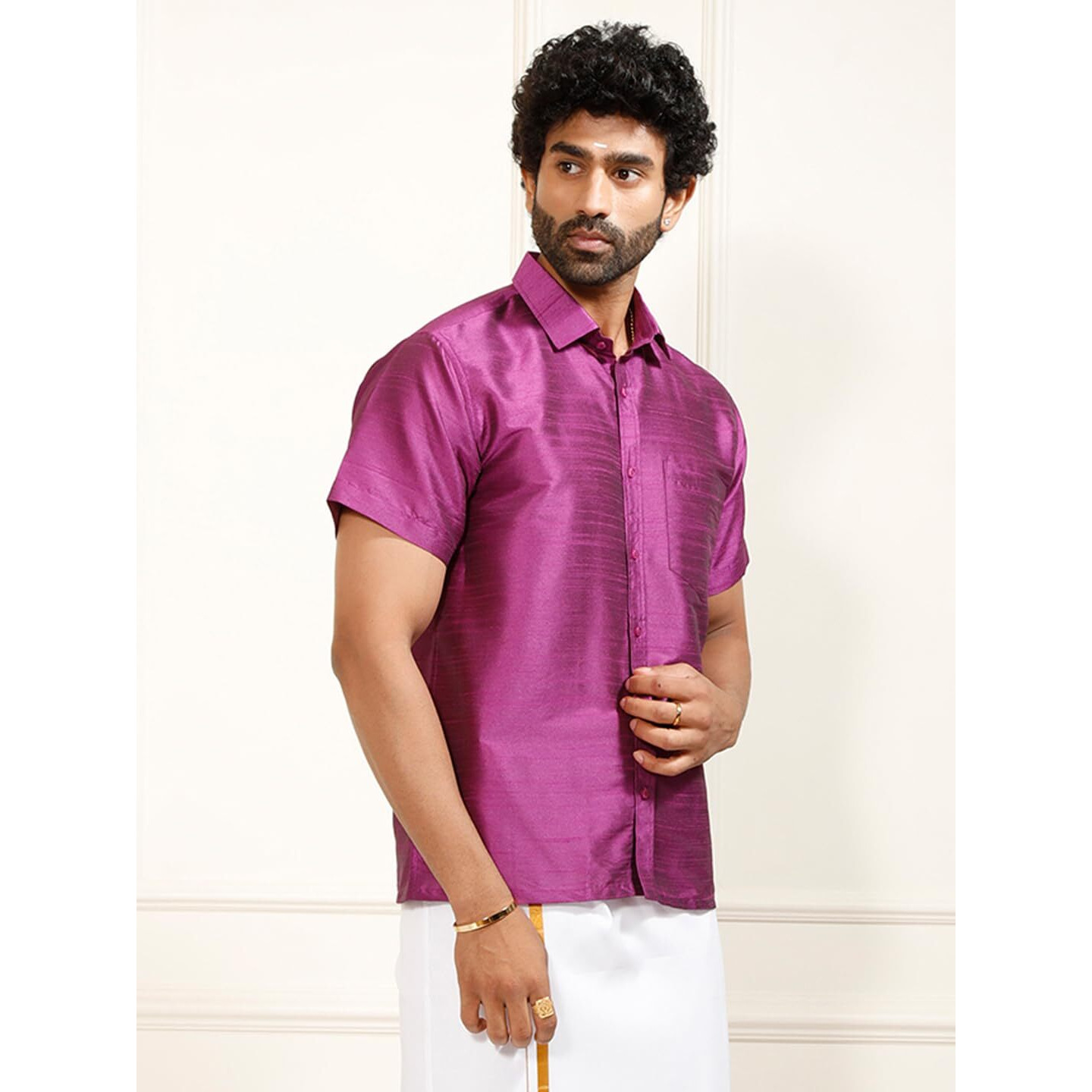 VASTRAMAY Men's Purple Silk Blend Ethnic Shirt - Half Sleeves South Indian Traditional Shirt, For Festive, Wedding, Casual Wear