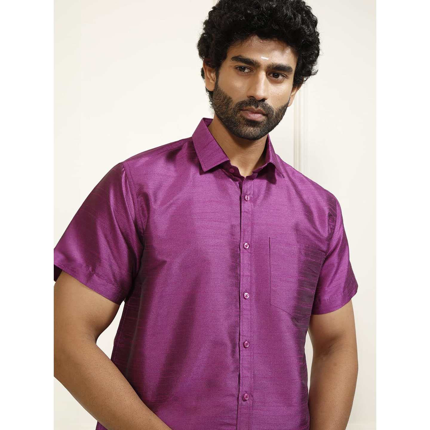 VASTRAMAY Men's Purple Silk Blend Ethnic Shirt - Half Sleeves South Indian Traditional Shirt, For Festive, Wedding, Casual Wear