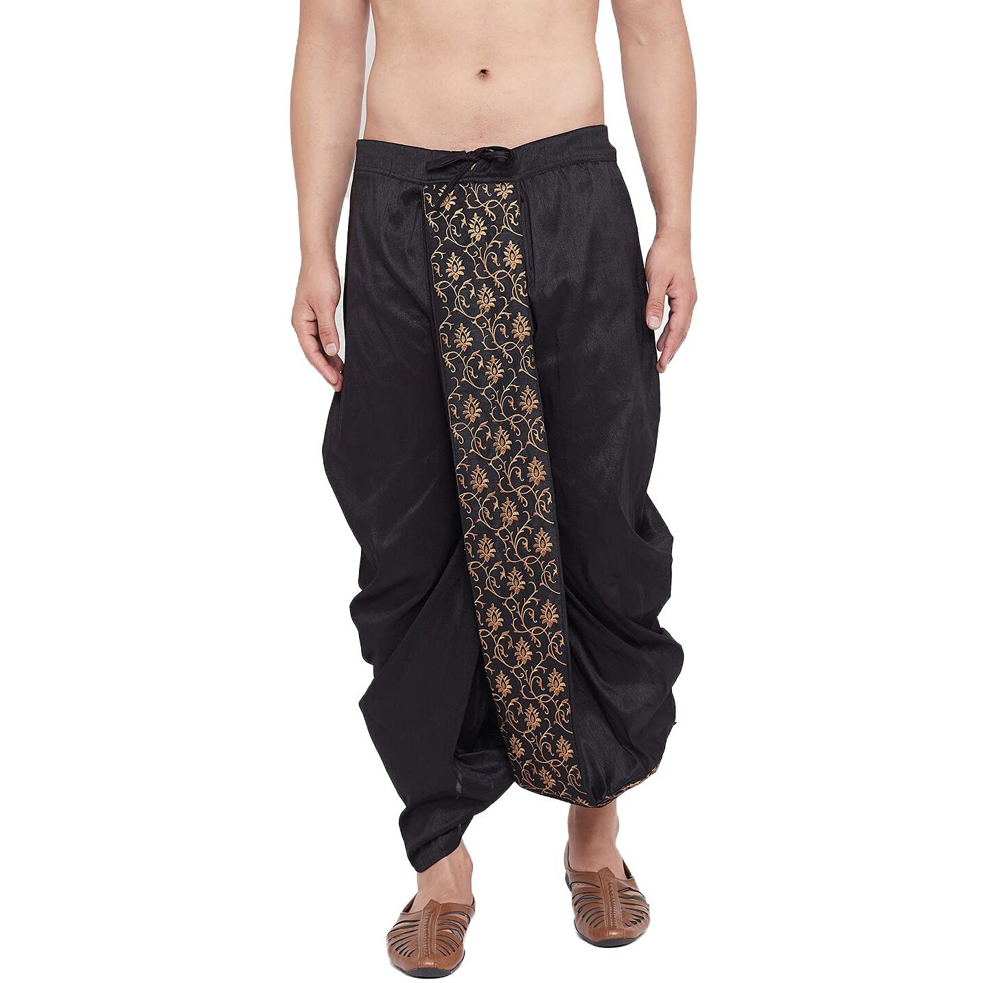 VASTRAMAY Men's Black Silk Blend Embroidered Ethnic Dhoti(Gold_Free Size_VASMDT006BL)