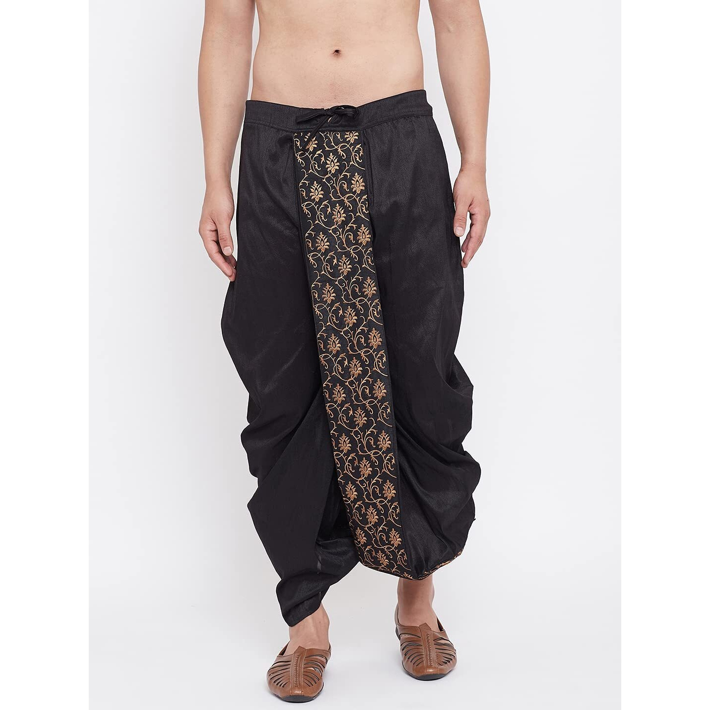 VASTRAMAY Men's Black Silk Blend Embroidered Ethnic Dhoti(Gold_Free Size_VASMDT006BL)