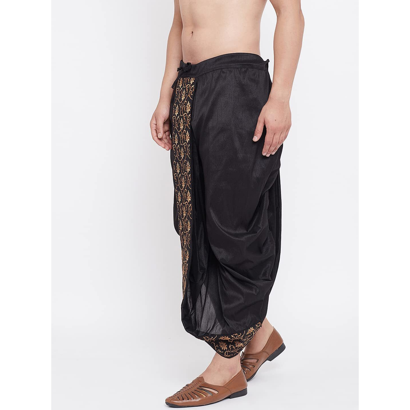 VASTRAMAY Men's Black Silk Blend Embroidered Ethnic Dhoti(Gold_Free Size_VASMDT006BL)