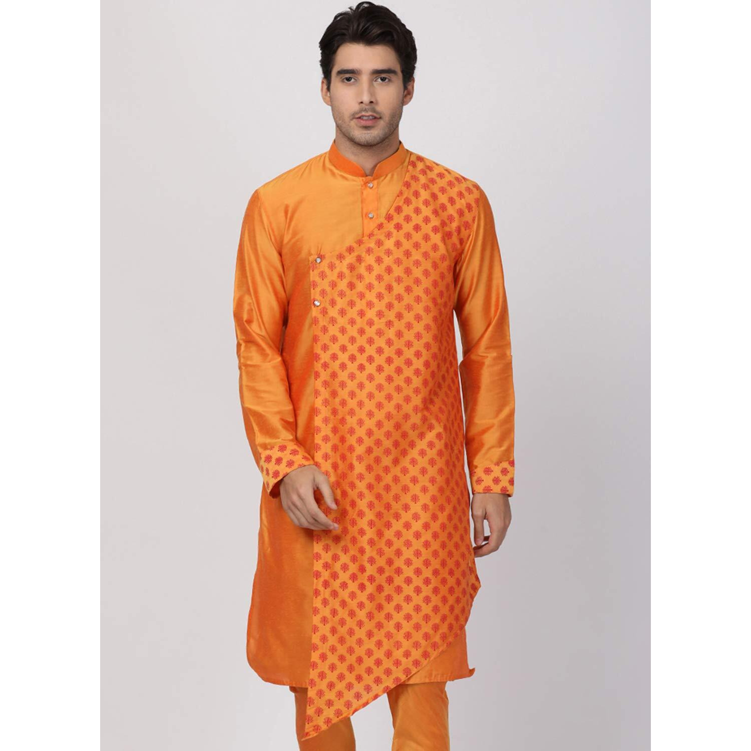 VASTRAMAY Men's Orange Cotton Blend Kurta