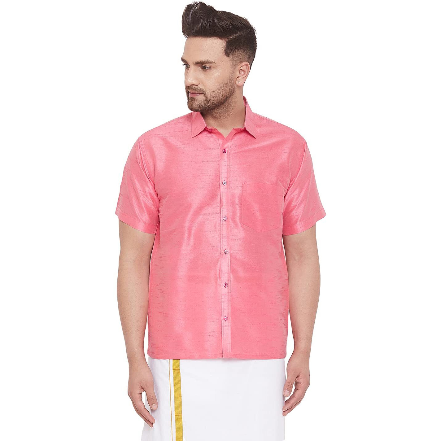 VASTRAMAY Mens Cotton Silk Ethnic Shirt (Pink_VASMSHPN001_46)