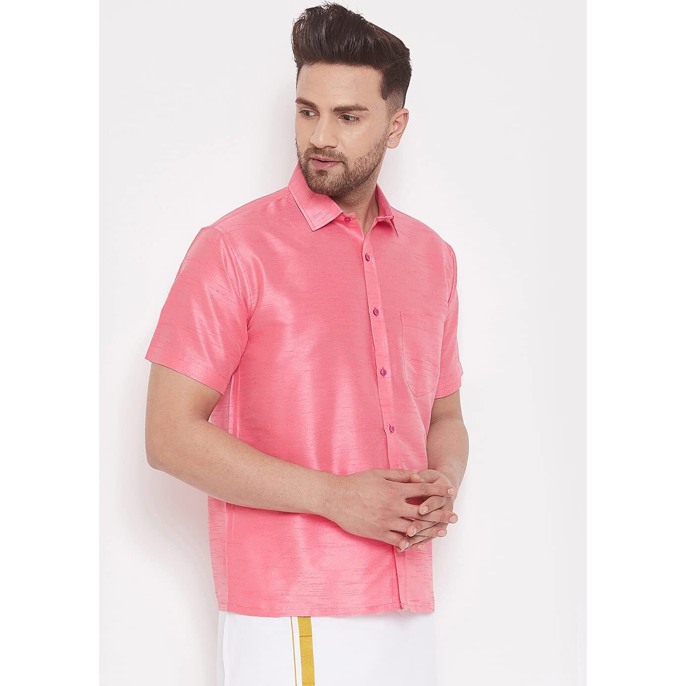 VASTRAMAY Mens Cotton Silk Ethnic Shirt (Pink_VASMSHPN001_46)