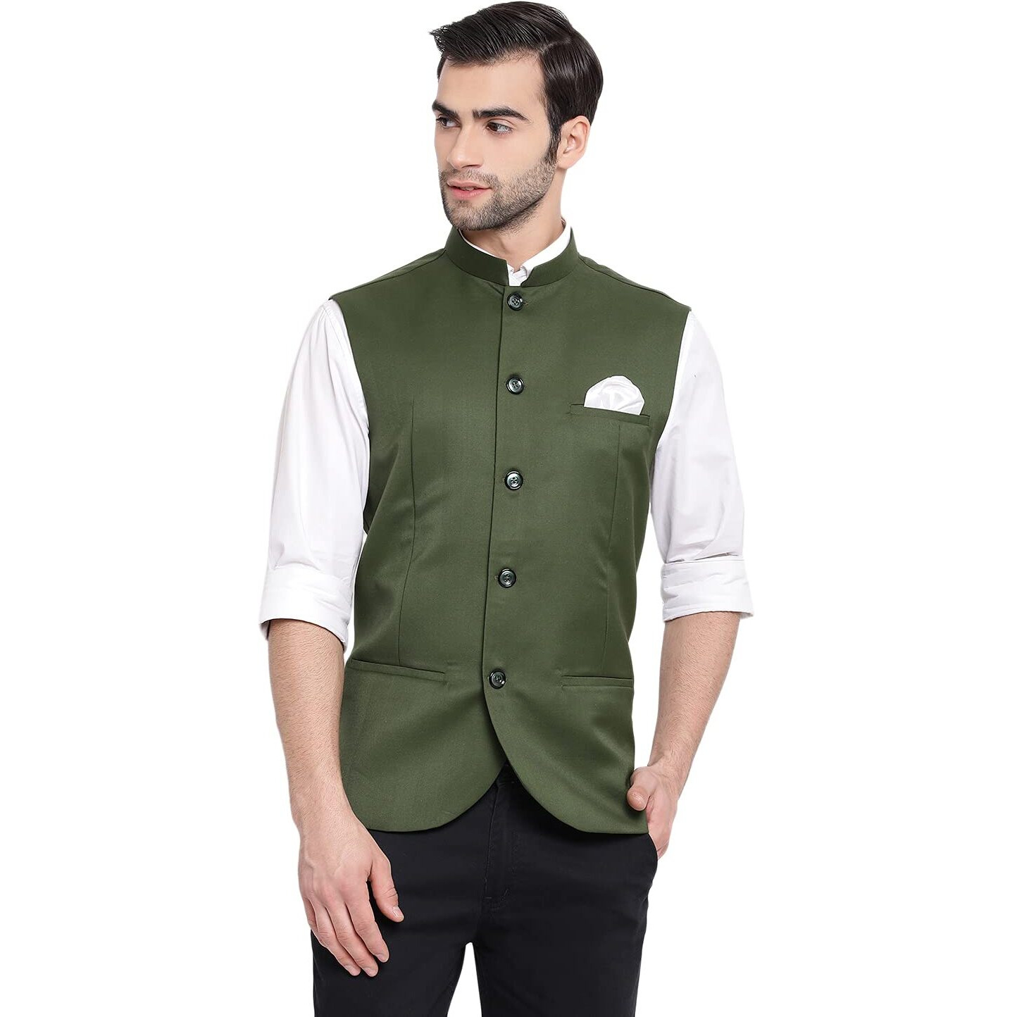 VASTRAMAY Mens Cotton Silk Green Nehru Jacket - Timeless Style & Versatility | Ethnic Sleeveless Coat With Curved Hem And Formal Waist Length | Formal & Casual Wear_VASMJ054GN_46