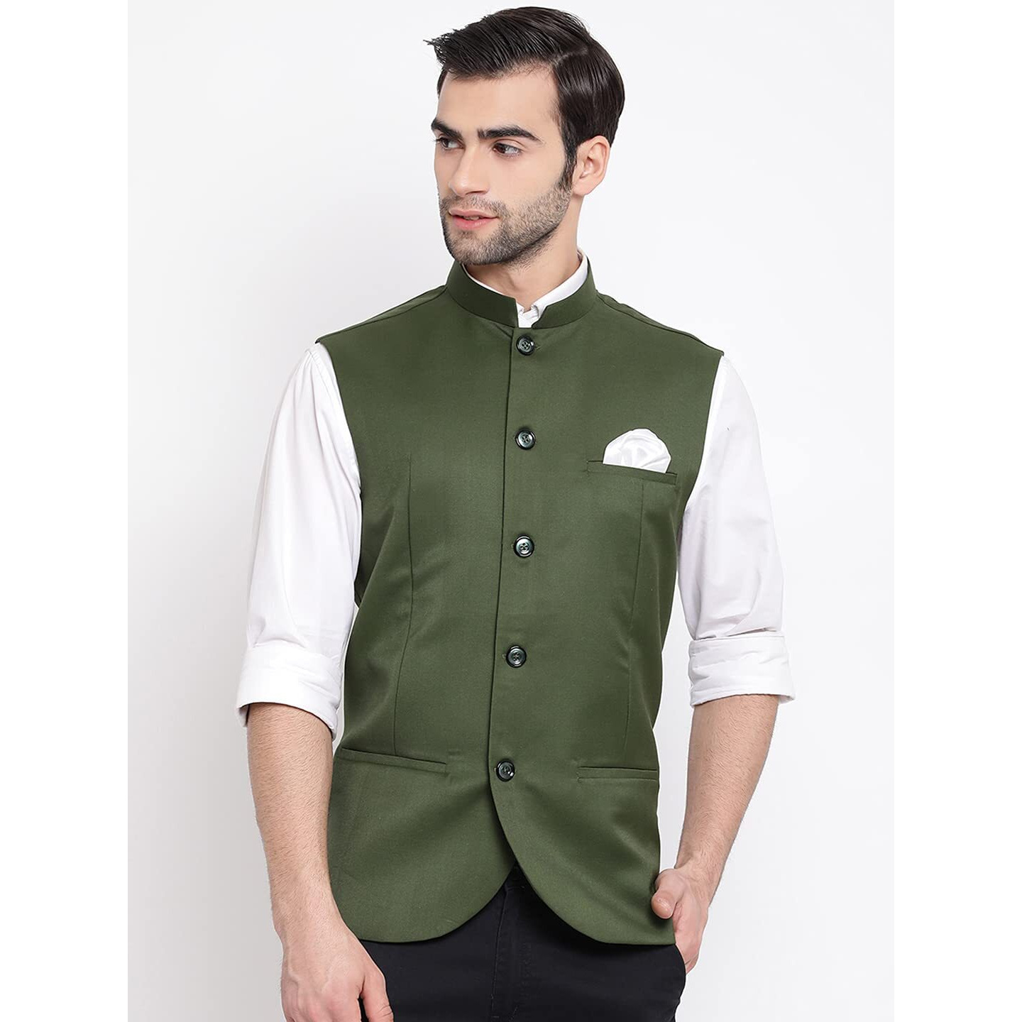 VASTRAMAY Mens Cotton Silk Green Nehru Jacket - Timeless Style & Versatility | Ethnic Sleeveless Coat With Curved Hem And Formal Waist Length | Formal & Casual Wear_VASMJ054GN_46