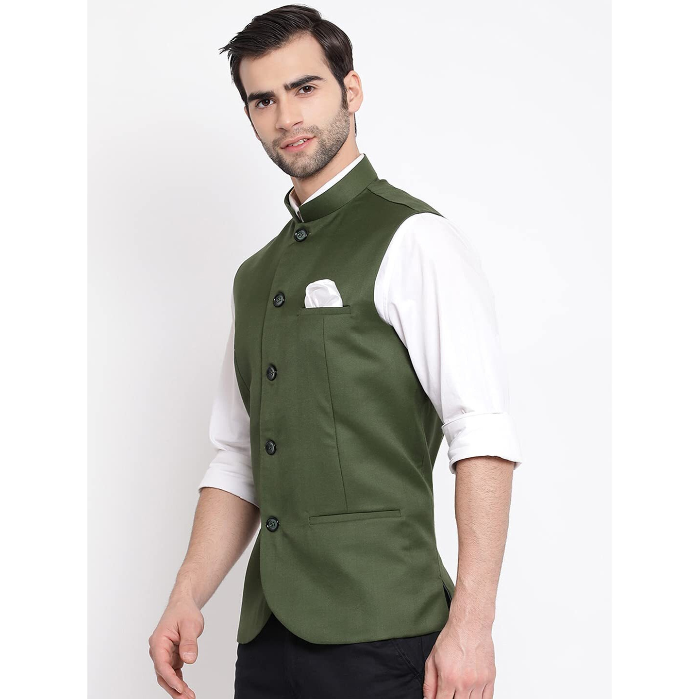 VASTRAMAY Mens Cotton Silk Green Nehru Jacket - Timeless Style & Versatility | Ethnic Sleeveless Coat With Curved Hem And Formal Waist Length | Formal & Casual Wear_VASMJ054GN_46