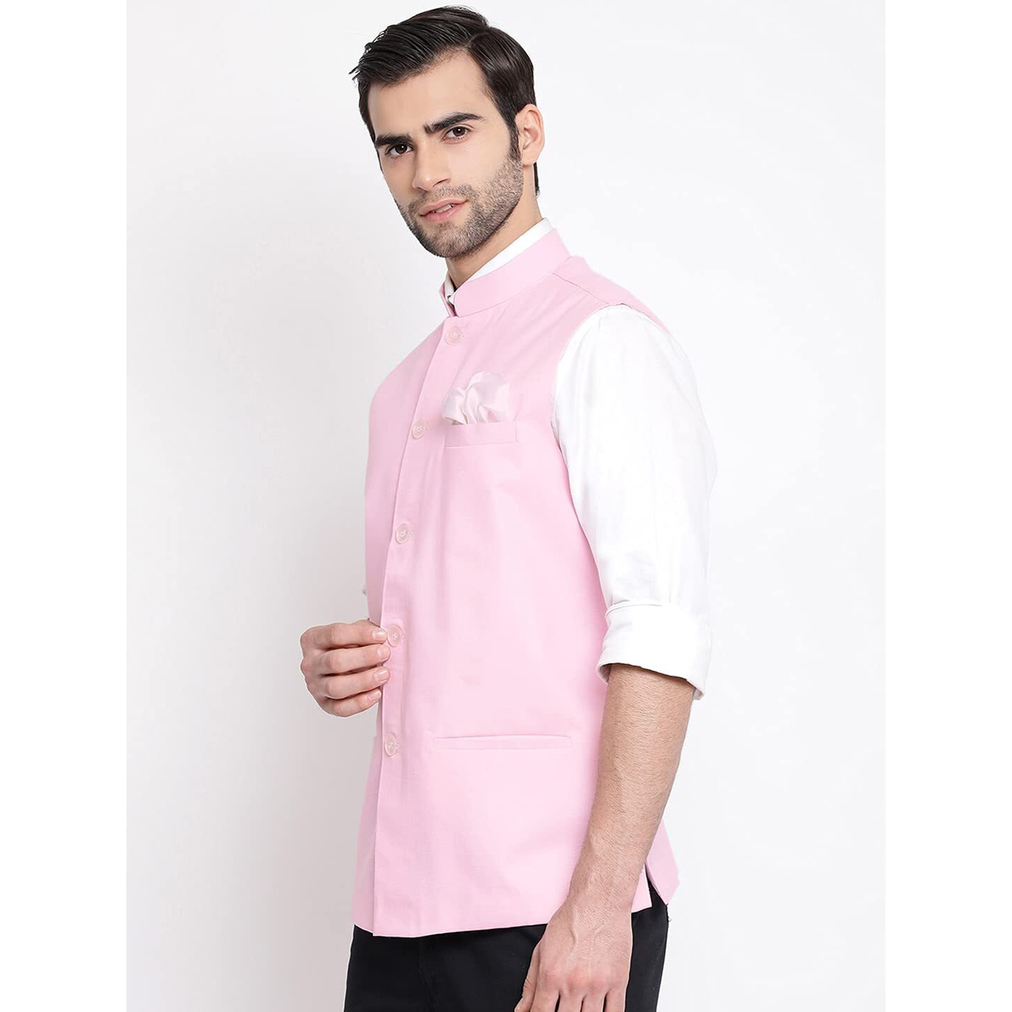 VASTRAMAY Mens Cotton Blend Pink Nehru Jacket - Timeless Style & Versatility | Classic Royal Pastal Ethnic Sleeveless Coat for Formal & Casual Wear_VASMJ049PN_46
