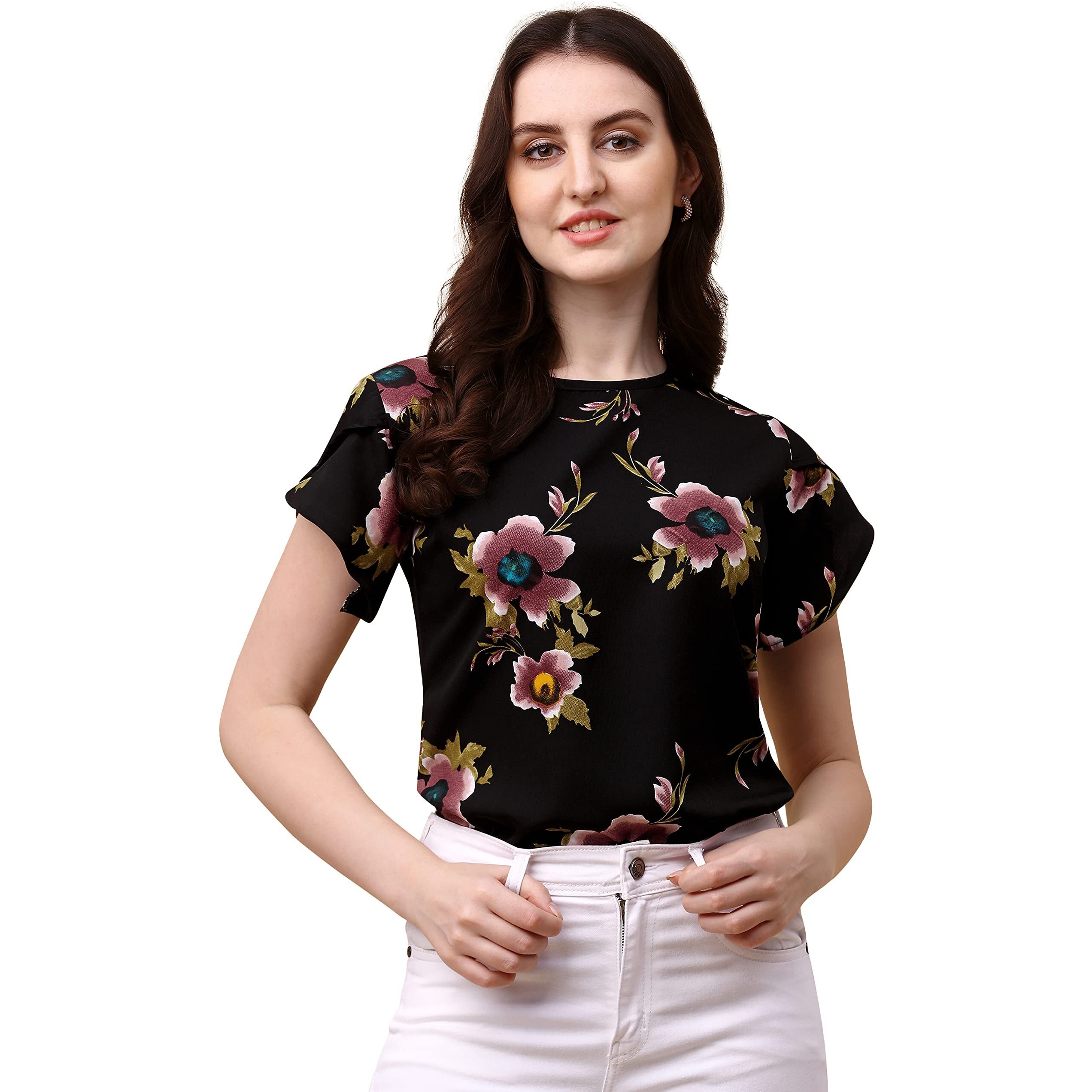 Wedani Women's Casual Short Sleeves Round Neck Foral Top (Large, Black-1)
