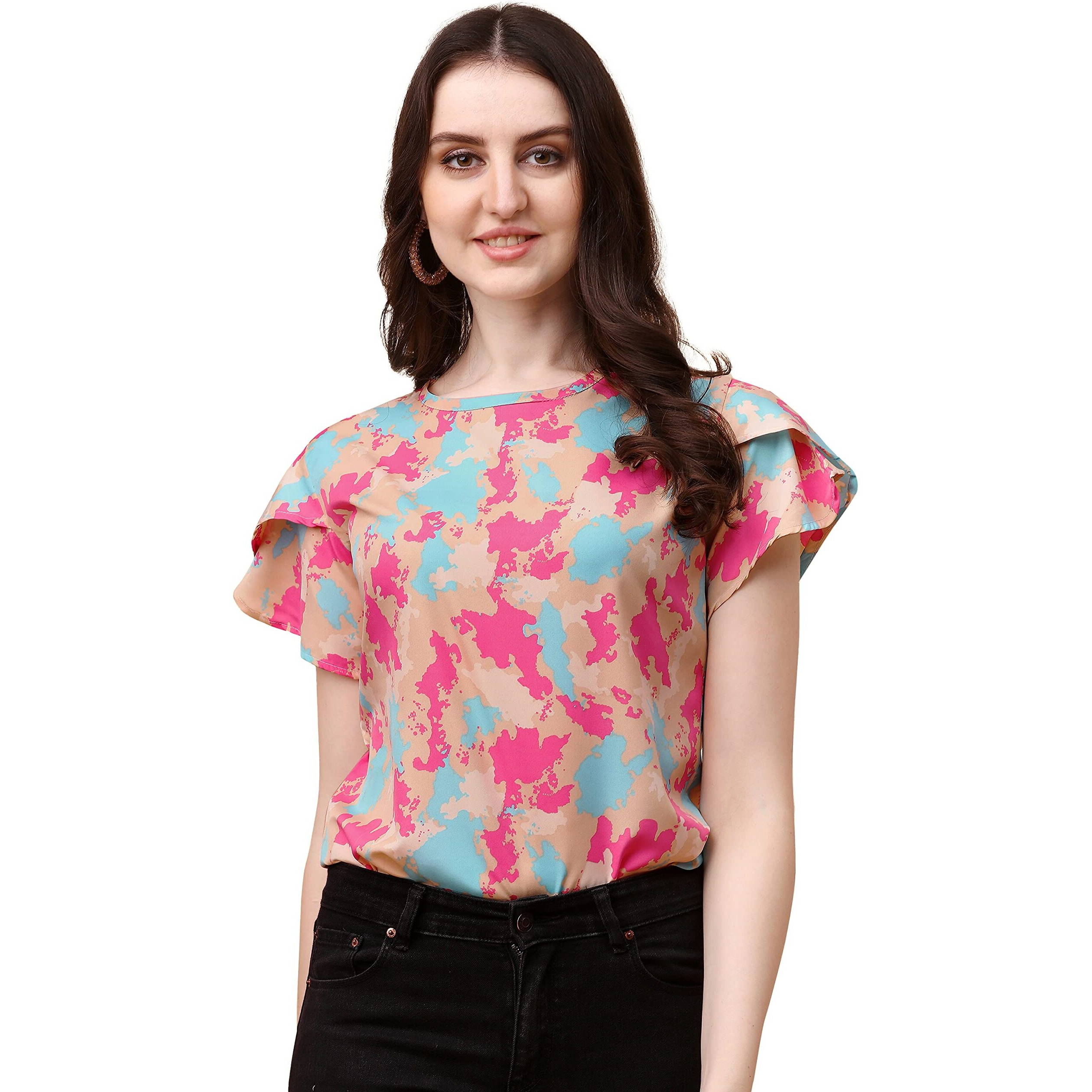 Wedani Women's Casual Short Sleeves Round Neck Foral Top (Medium, Beige)
