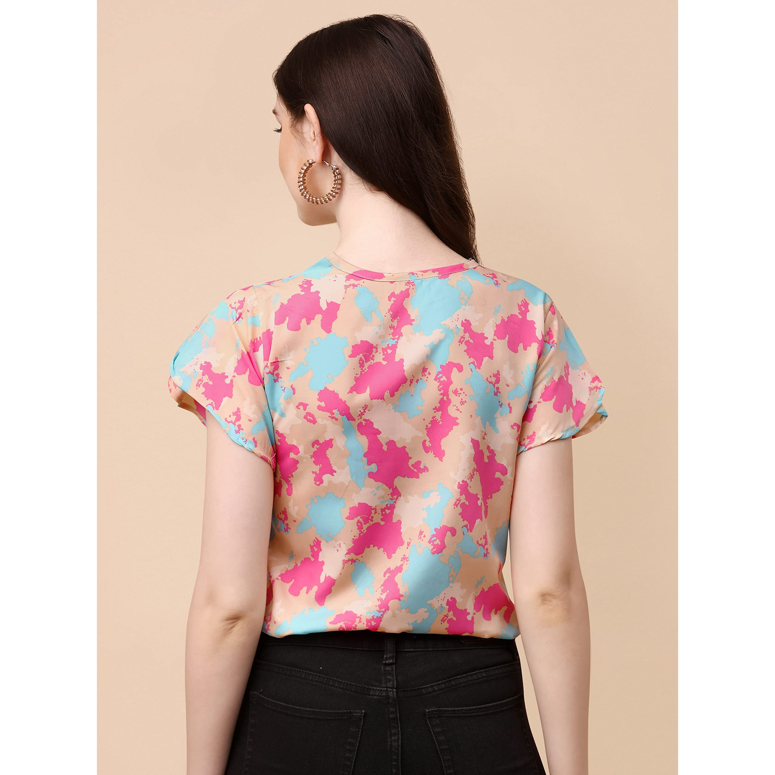Wedani Women's Casual Short Sleeves Round Neck Foral Top (Medium, Beige)