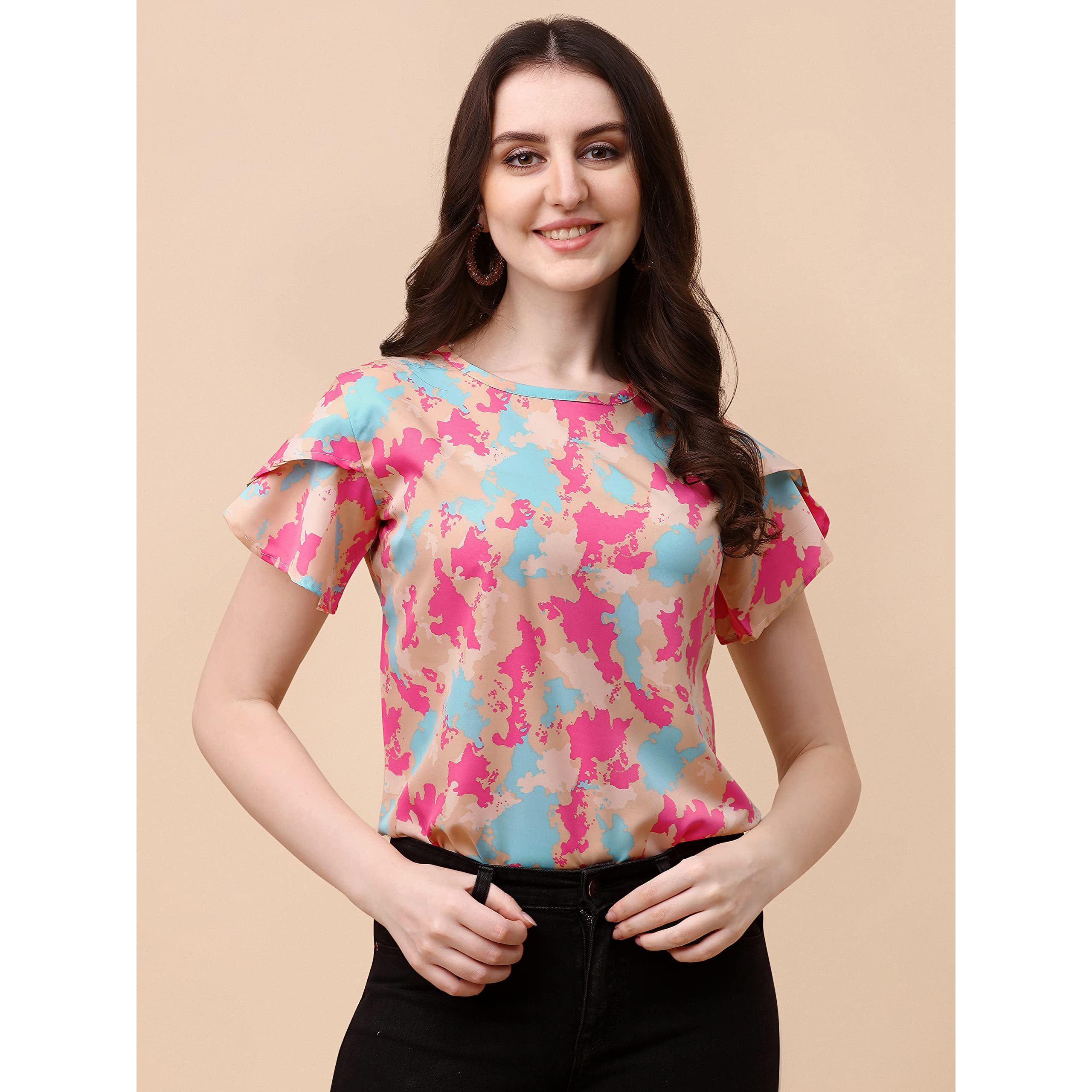 Wedani Women's Casual Short Sleeves Round Neck Foral Top (Medium, Beige)