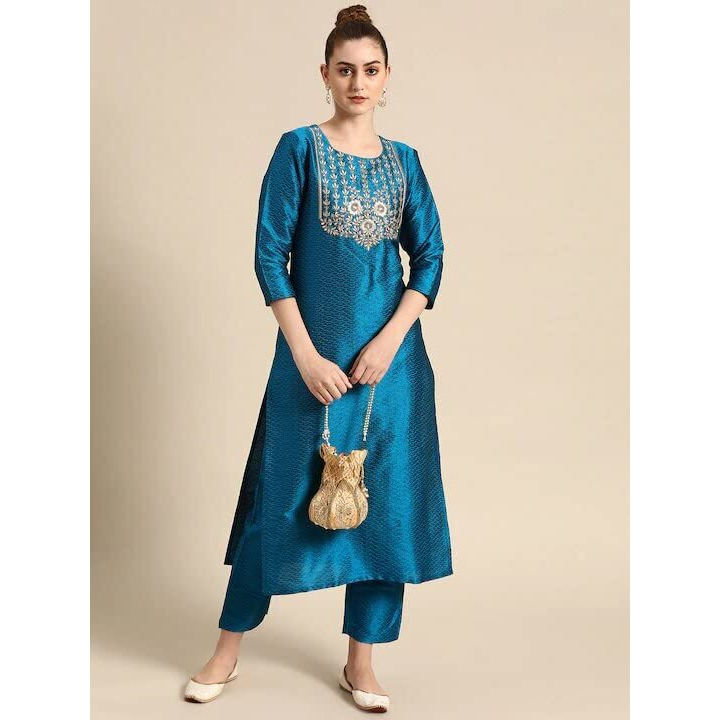 Yashika Women's Silk Blend Sky Blue Color Straight Kurta with Pant (YS-KS2052-M)