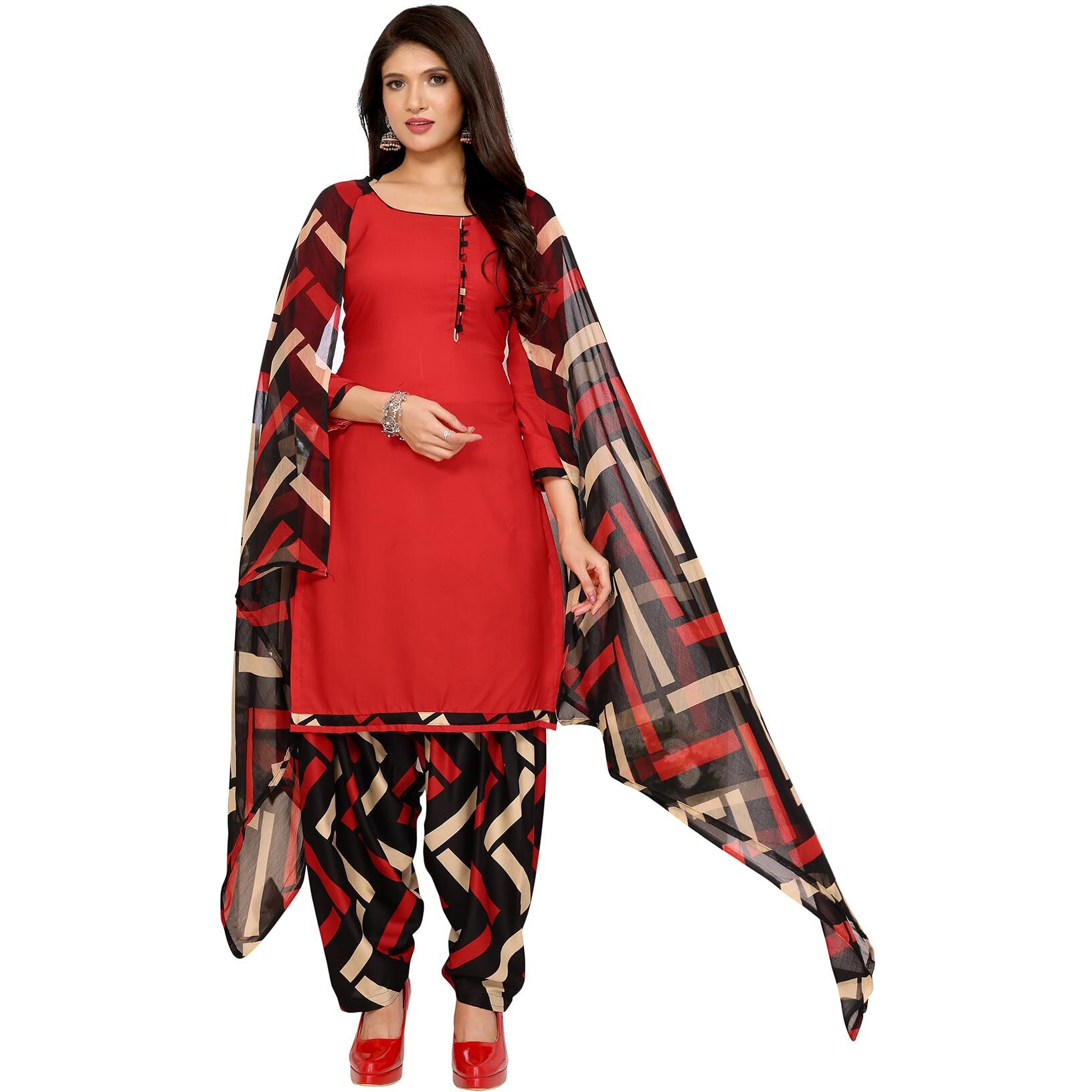 Yashika Women's Printed Dress Material - Unstitched Crepe Fabric Kurti, Pants & Dupatta Set (AZ-YS-P1-MALVIKA RED)