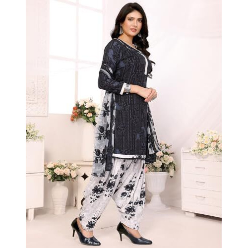 Yashika Women's Printed Dress Material - Unstitched Crepe Fabric Kurti, Pants & Dupatta Set (AZ-YS-P1-NITU BLACK)