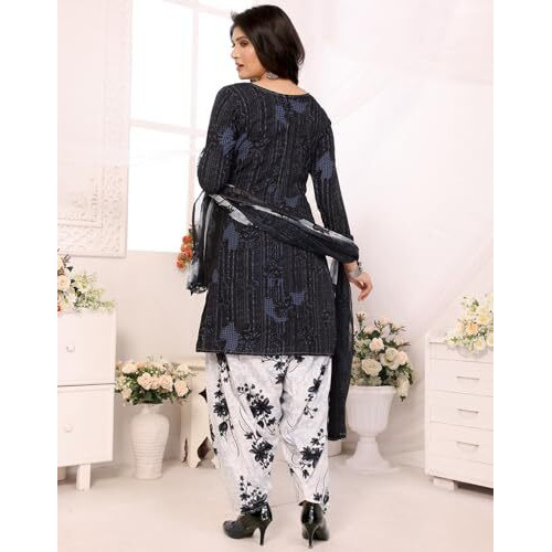 Yashika Women's Printed Dress Material - Unstitched Crepe Fabric Kurti, Pants & Dupatta Set (AZ-YS-P1-NITU BLACK)