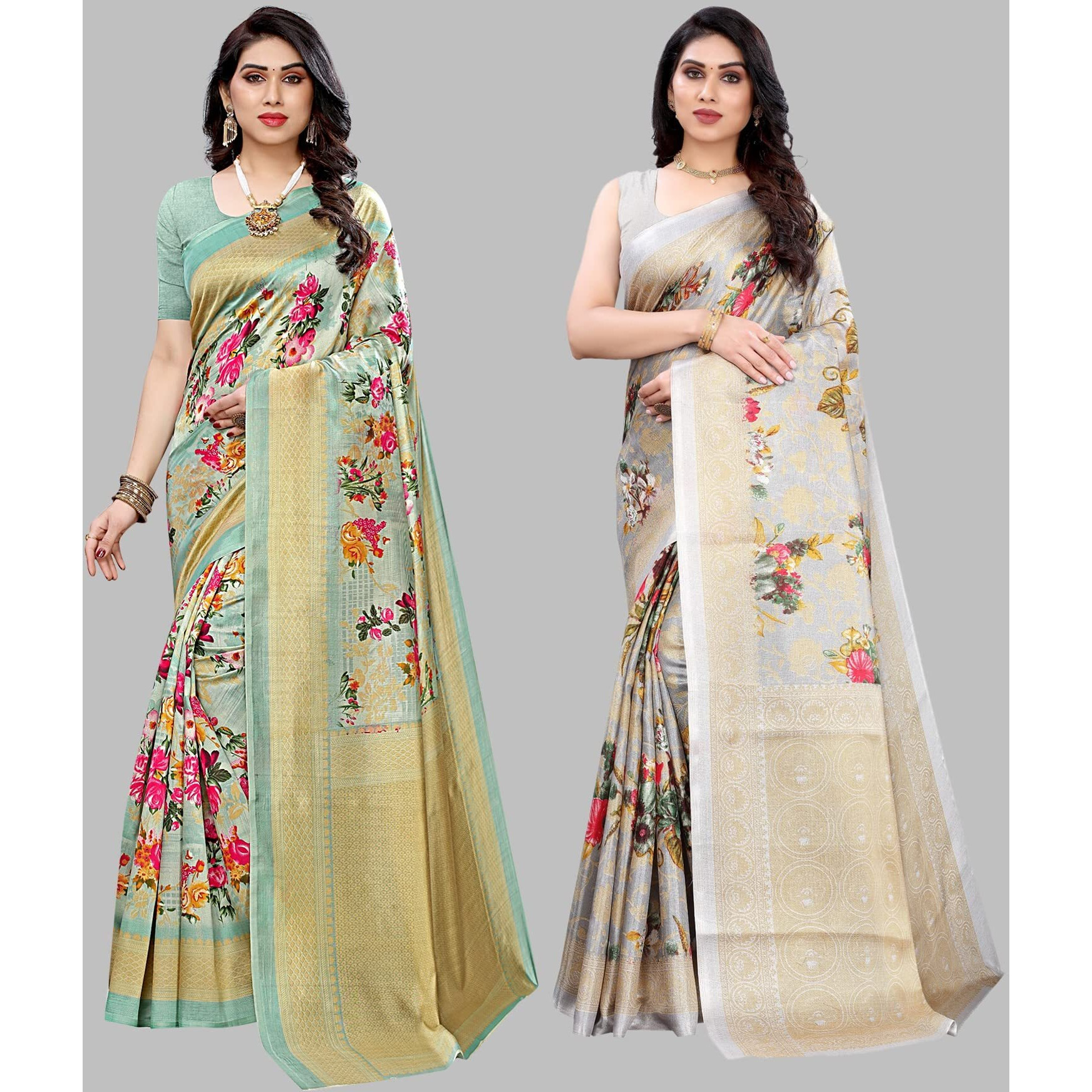 Yashika Women's Combo Art Silk Printed Saree With Blouse Piece Pack Of 2(AIR LIGHT GREEN-PUDINA GREY)